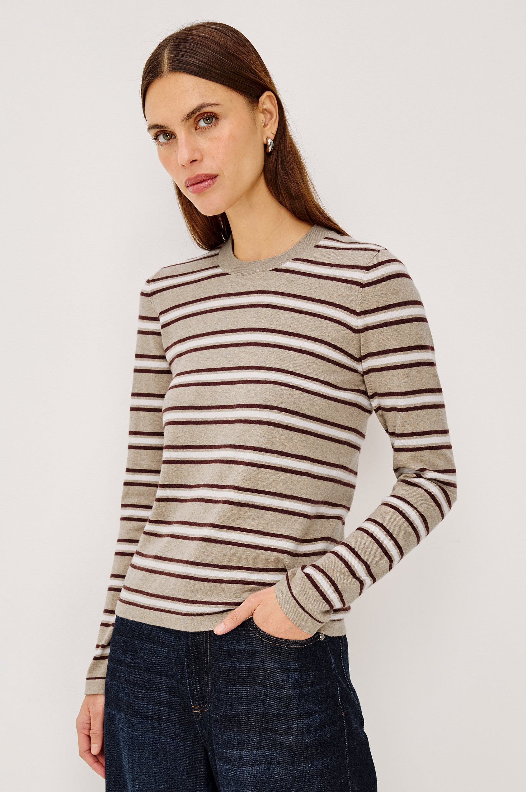 Davie Top in Cotton-Cashmere Blend With Slim Fit, Ribbed Crew Neck, Cuffs, and Hem, and Long Sleeves in Heather Oat Stripe Colorway - Upper Body Front View Featured on Model