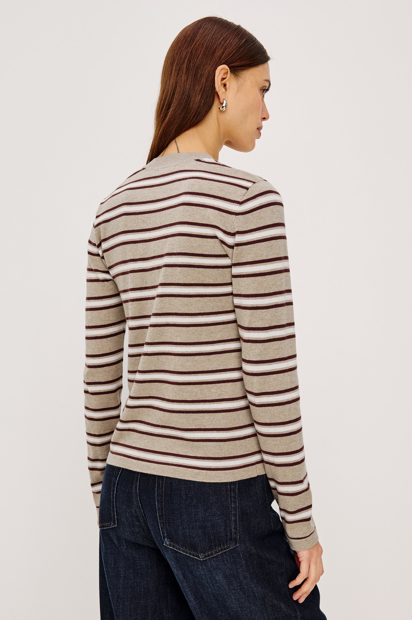 Davie Top in Cotton-Cashmere Blend With Slim Fit, Ribbed Crew Neck, Cuffs, and Hem, and Long Sleeves in Heather Oat Stripe Colorway - Upper Body Back View Featured on Model