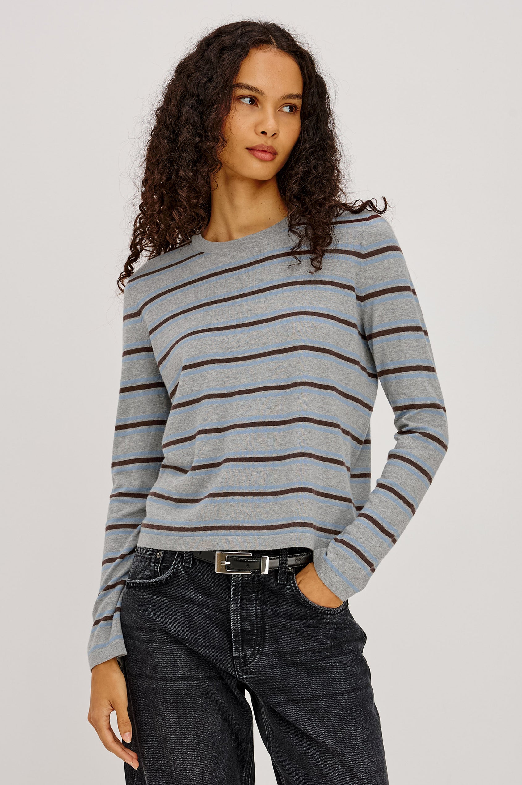 Davie Top in Cotton-Cashmere Blend With Slim Fit, Ribbed Crew Neck, Cuffs, and Hem, and Long Sleeves in Heather Sky Colorway - Upper Body Back View Featured on Model