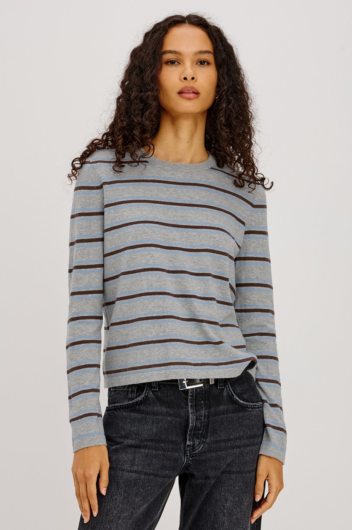 Cotton Cashmere Long Sleeve T-Shirt With Slim Fit, Ribbed Crew Neck, Cuffs, and Hem, and Long Sleeves in Heather Sky Colorway - Upper Body Front View Featured on Model