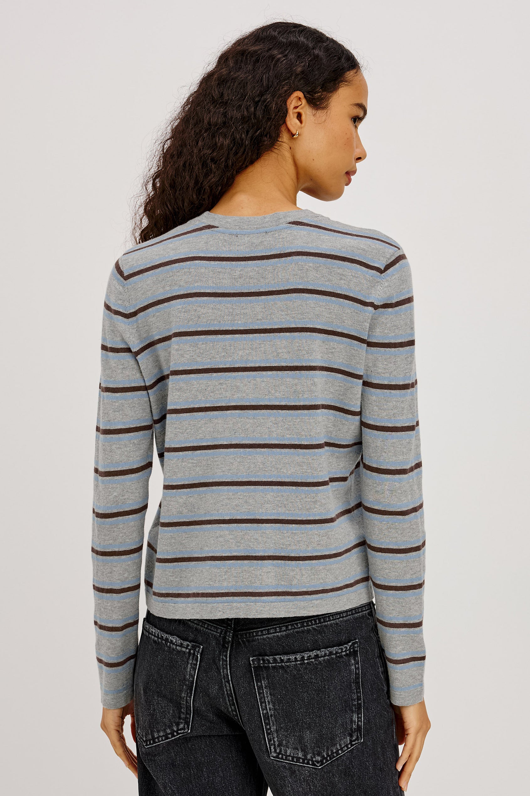Davie Top in Cotton-Cashmere Blend With Slim Fit, Ribbed Crew Neck, Cuffs, and Hem, and Long Sleeves in Heather Sky Colorway - Upper Body Back View Featured on Model