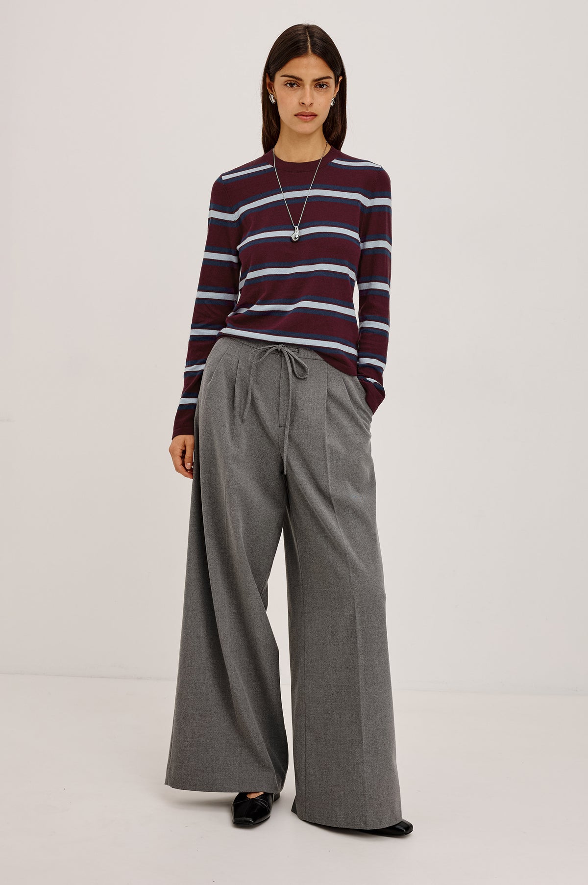 Cotton Cashmere Long Sleeve Tee With Crew Neckline and Long Sleeves in Navy Cedar Stripe Colorway - Front View Featured on Model.