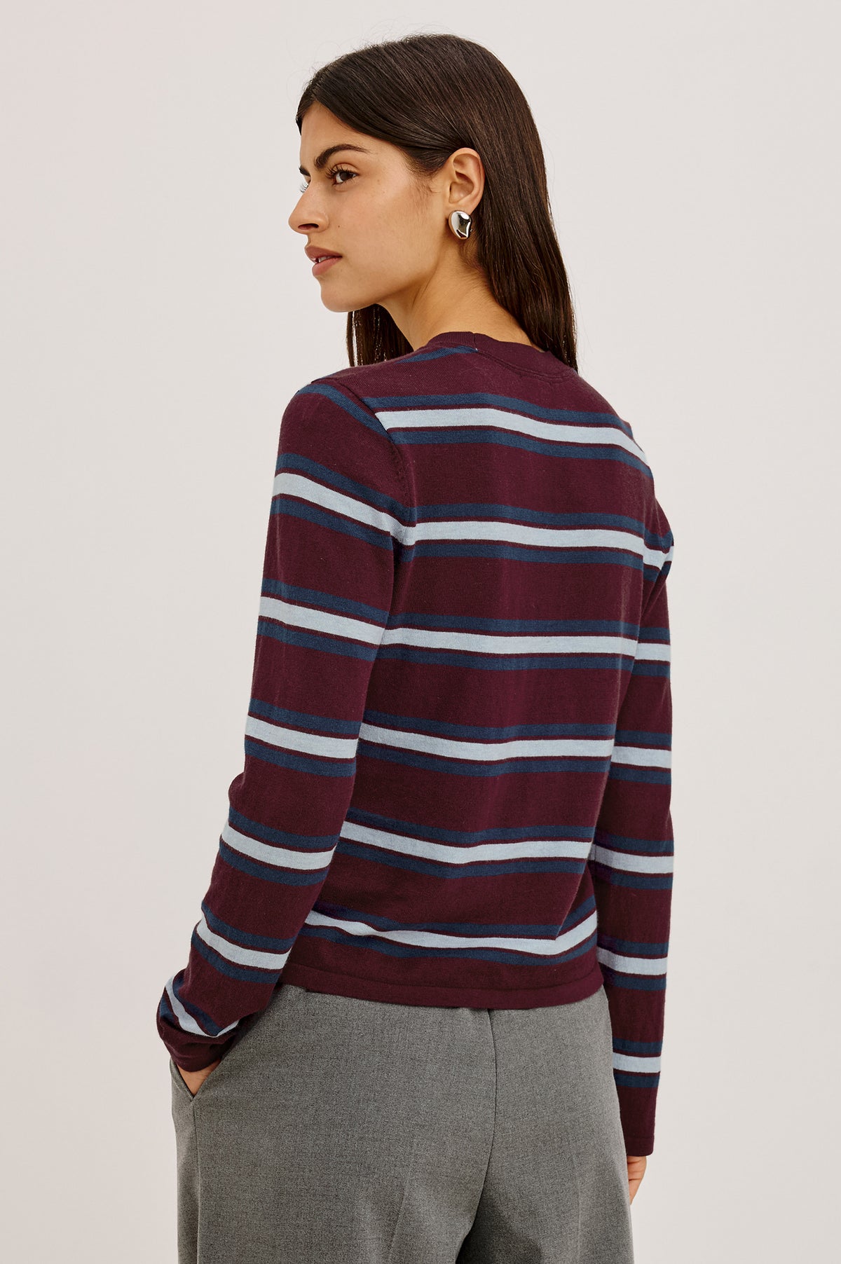 Cotton Cashmere Long Sleeve Tee With Crew Neckline and Long Sleeves in Navy Cedar Stripe Colorway - Upper Body Back View Featured on Model.