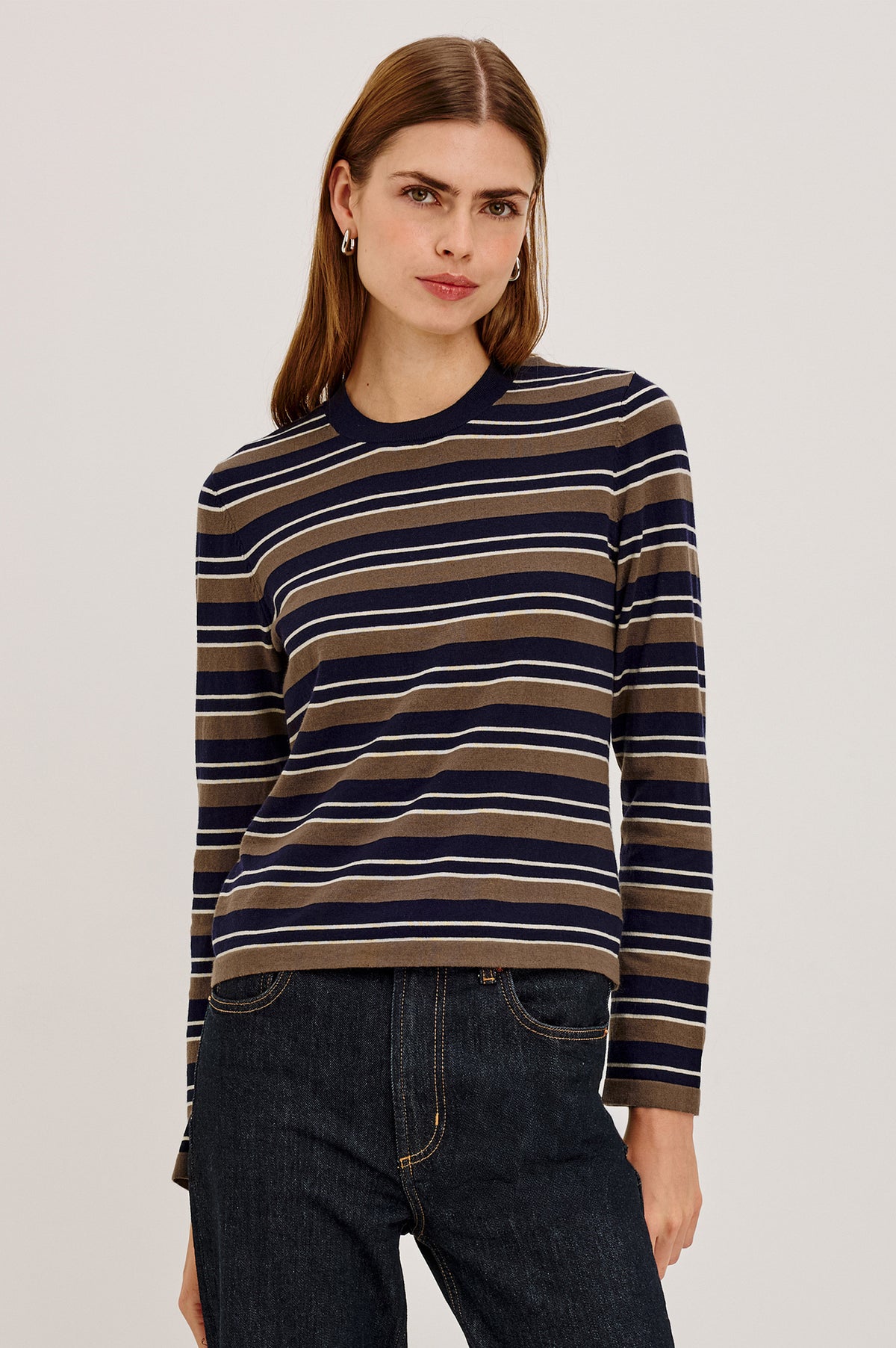 Davie Cotton Cashmere Long Sleeve Tee With Crew Neckline and Long Sleeves in Navy Cedar Stripe Colorway - Upper Body Front View Featured on Model.
