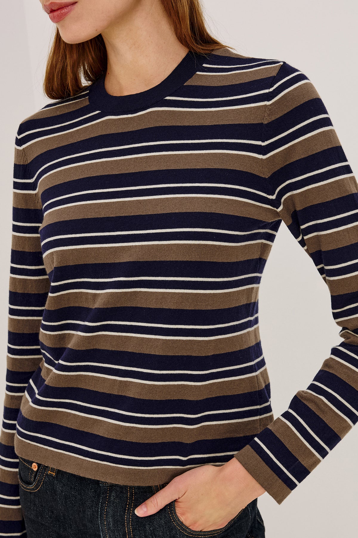 Davie Cotton Cashmere Long Sleeve Tee With Crew Neckline and Long Sleeves in Navy Cedar Stripe Colorway - Upper Body Front Detail View Featured on Model.
