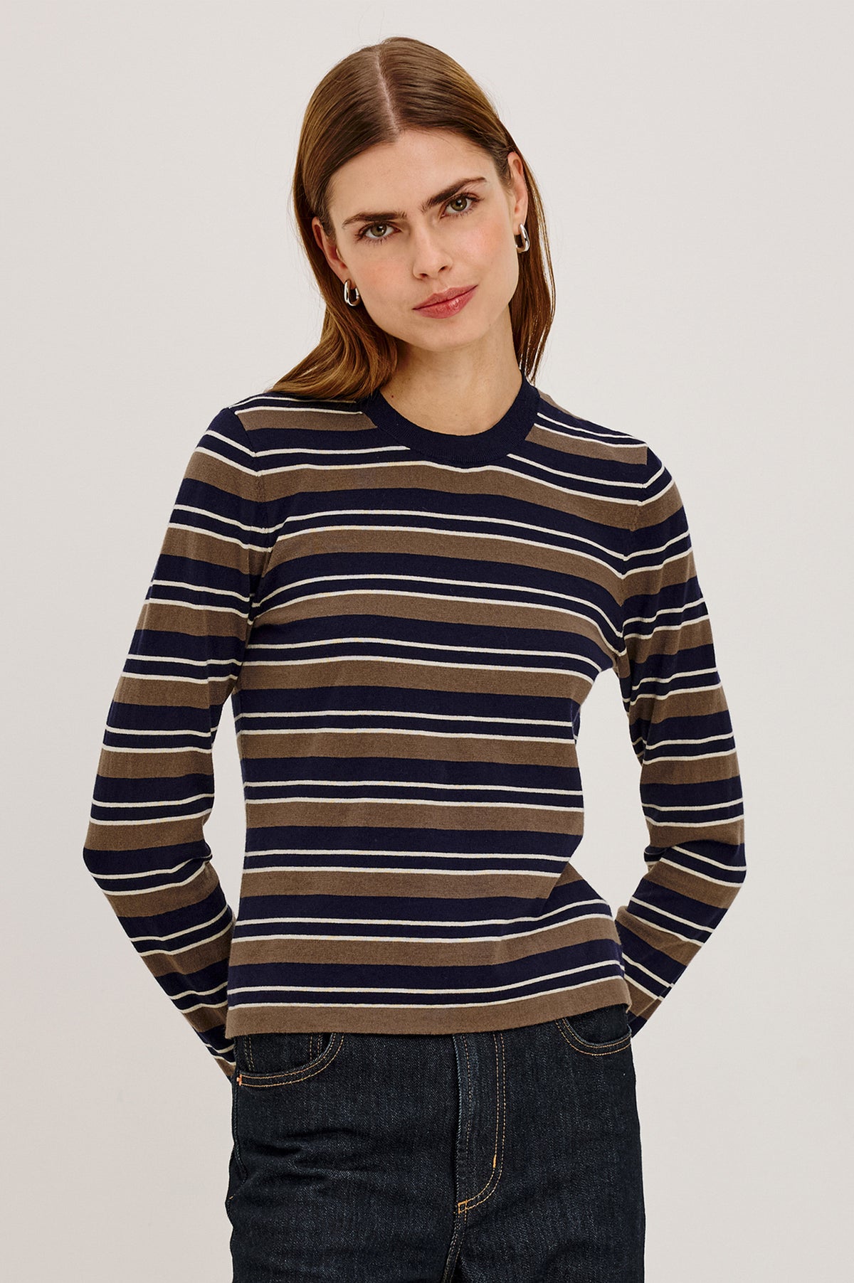 Davie Cotton Cashmere Long Sleeve Tee With Crew Neckline and Long Sleeves in Navy Cedar Stripe Colorway - Front View Featured on Model.
