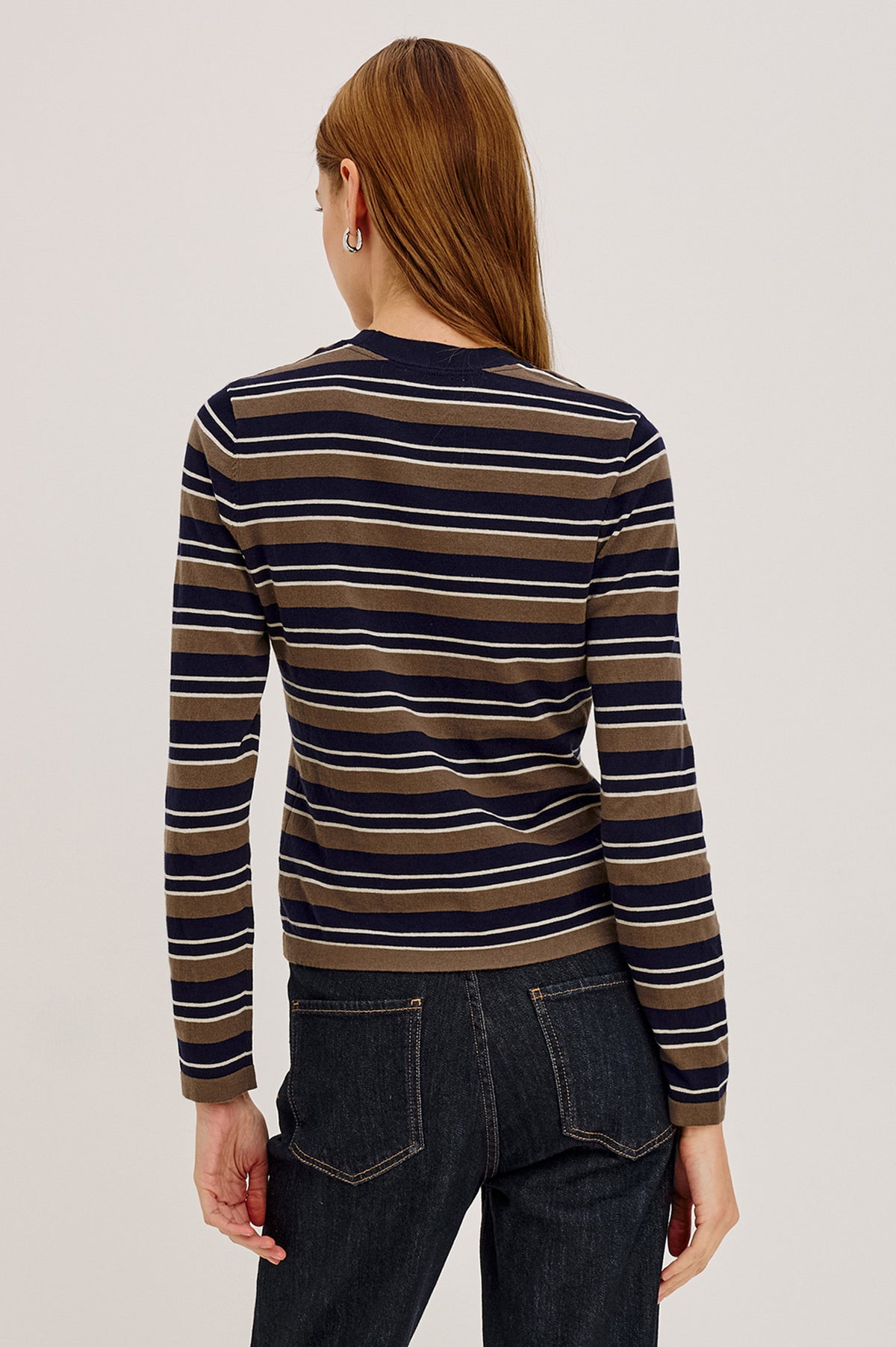 Davie Cotton Cashmere Long Sleeve Tee With Crew Neckline and Long Sleeves in Navy Cedar Stripe Colorway - Upper Body Back View Featured on Model.