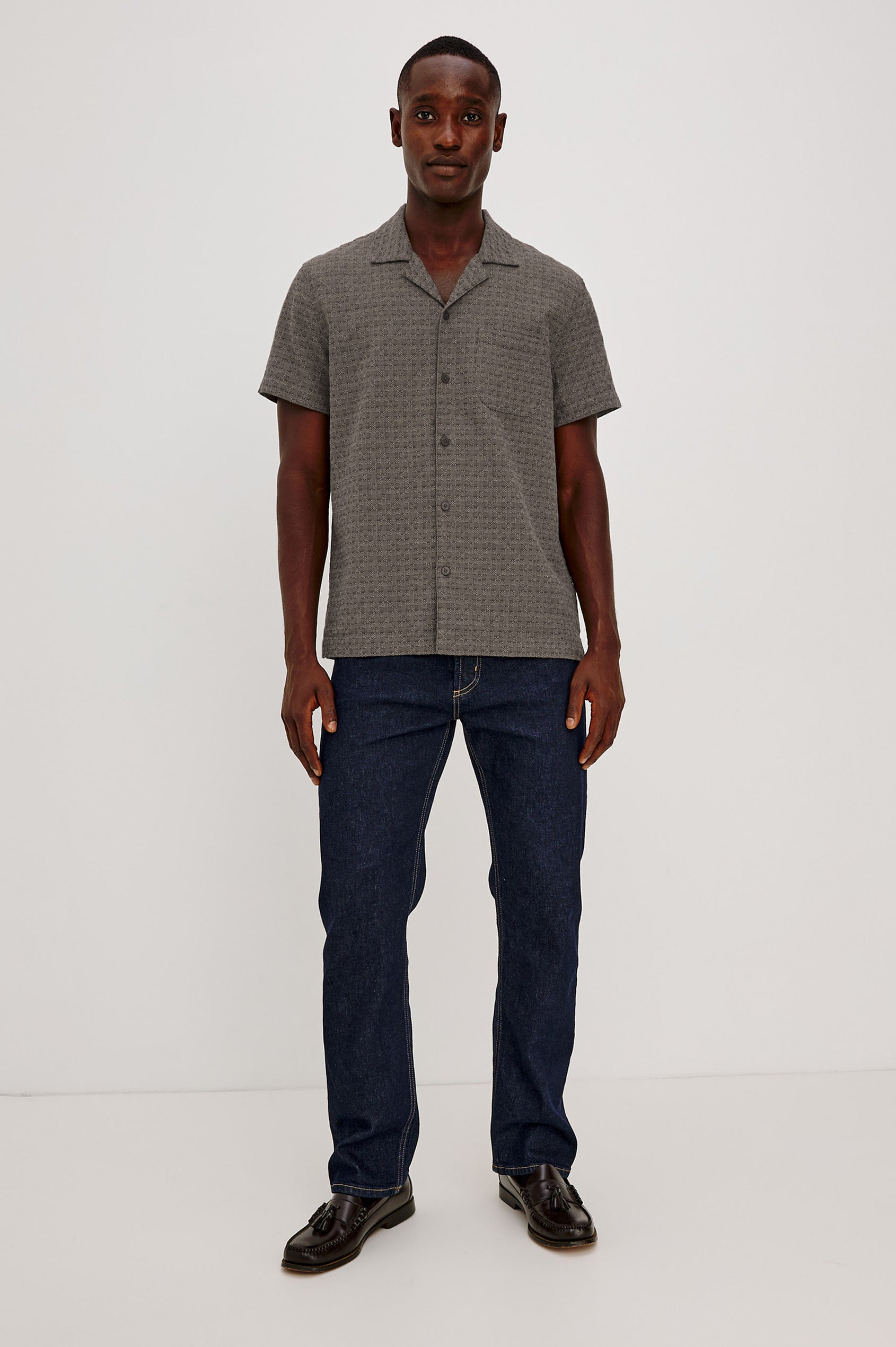 Davis Shirt in Cotton-Hemp Blend With Short Sleeves, Collar, Front Buttons, and Classic Fit in Coffee Jupe Colorway - Full Body Front View Featured on Model