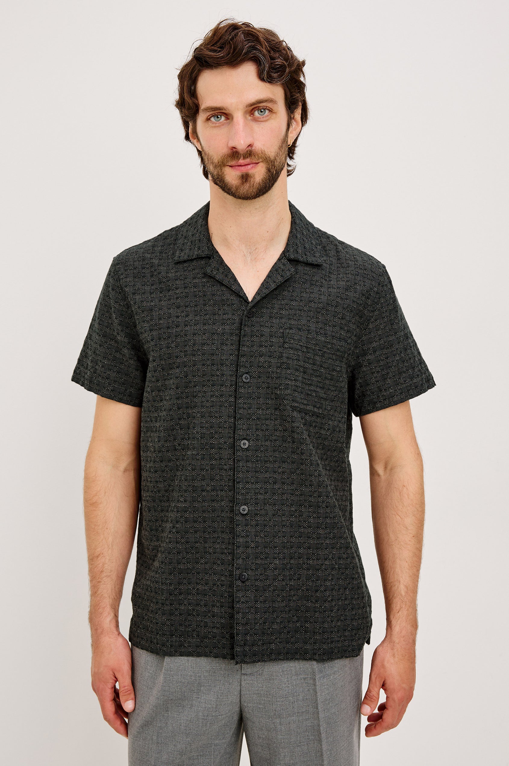 Davis Shirt in Cotton-Hemp Blend With Short Sleeves, Collar, Front Buttons, and Classic Fit in Midnight Jupe Colorway - Upper Body Front View Featured on Model