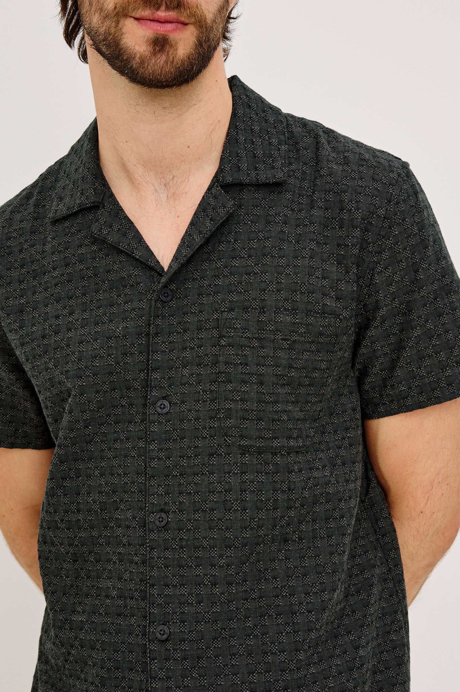 Davis Shirt in Cotton-Hemp Blend With Short Sleeves, Collar, Front Buttons, and Classic Fit in Midnight Jupe Colorway - Upper Body Front View Featured on Model