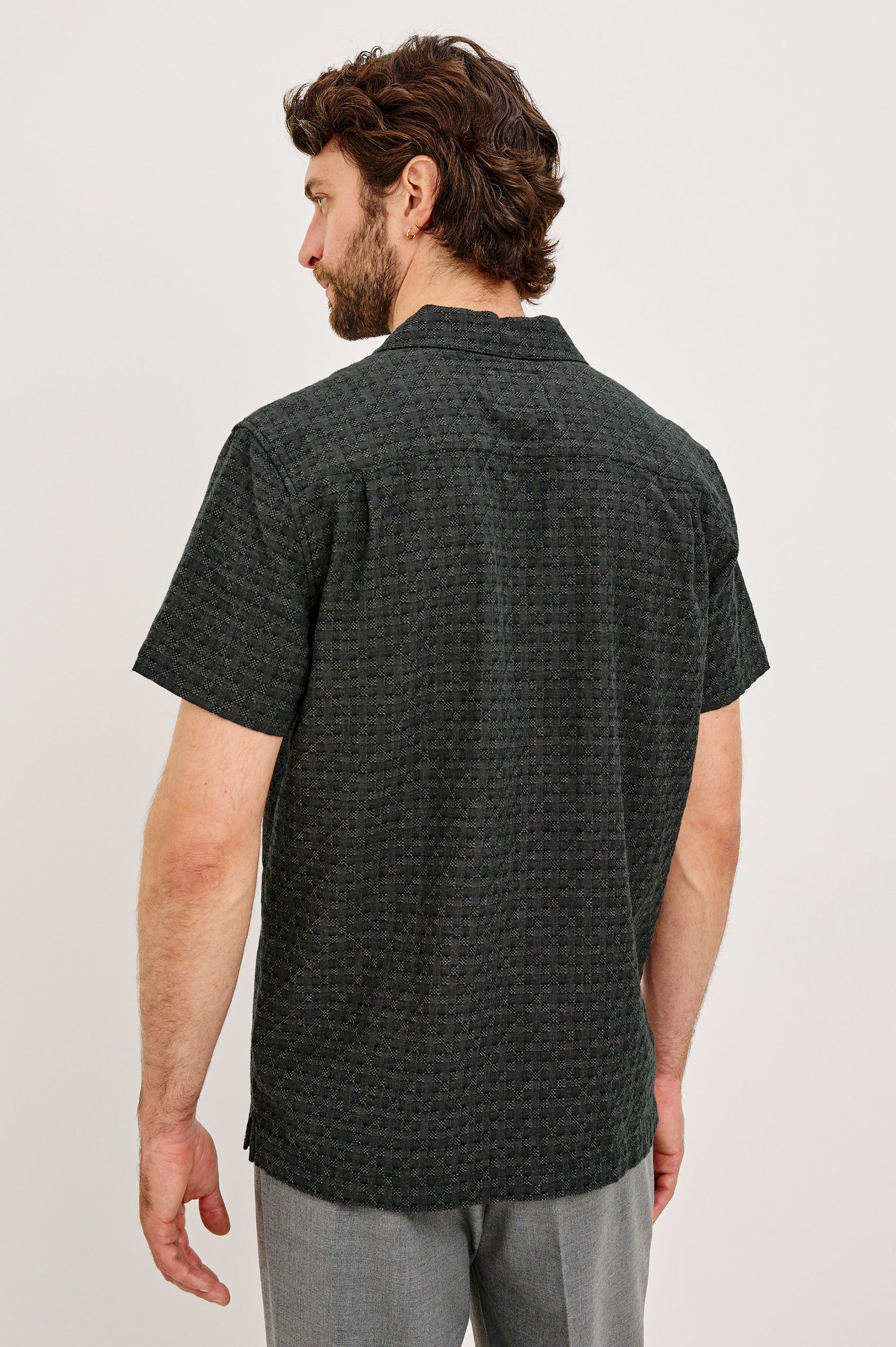 Davis Shirt in Cotton-Hemp Blend With Short Sleeves, Collar, Front Buttons, and Classic Fit in Midnight Jupe Colorway - Upper Body Back View Featured on Model