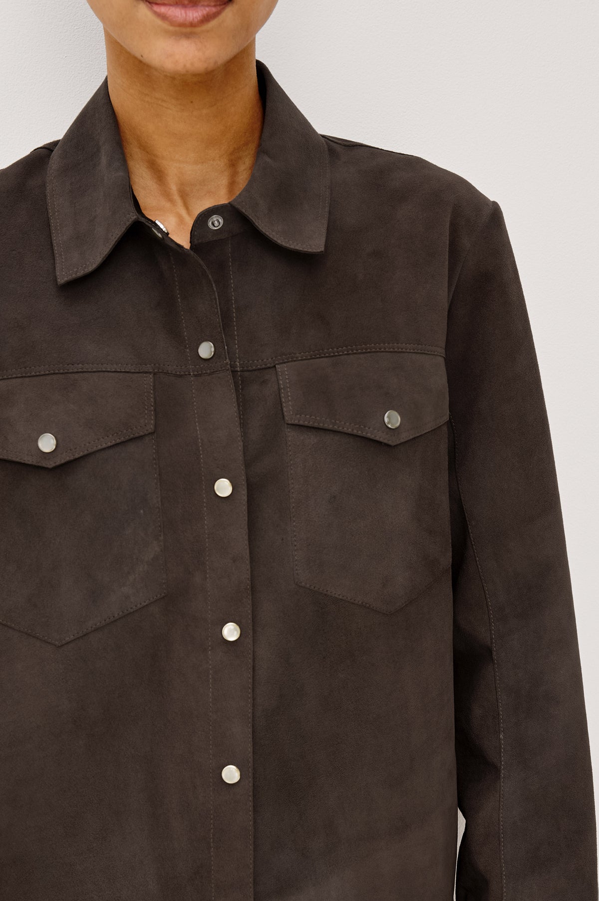 Dean Overshirt in Smooth Suede With Relaxed, Slightly Oversized Fit, Snap-Button Front, Point Collar, Dual Chest Patch Pockets, and Long Sleeves in Espresso Colorway - Upper Body Front View Featured on Model