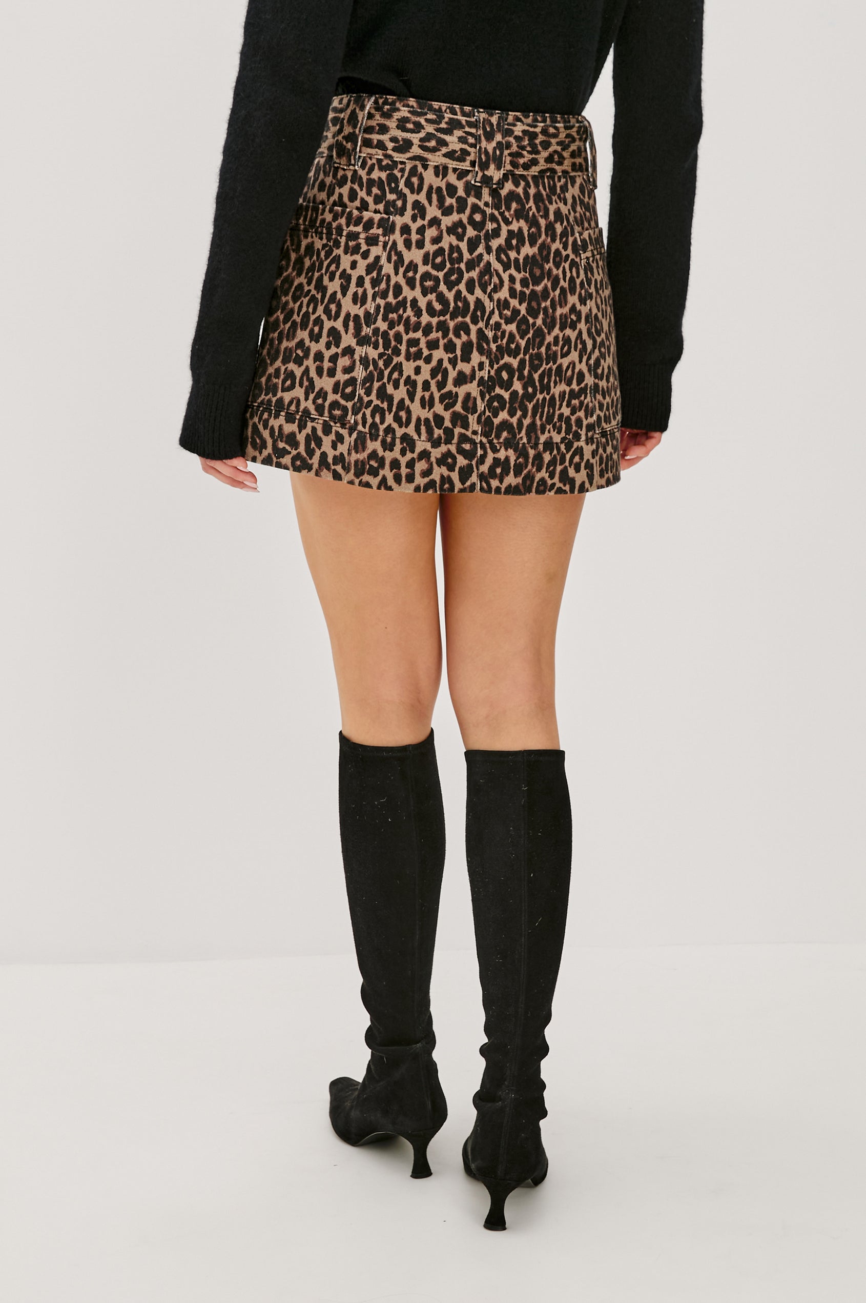 Deanna Mini Wrap Skirt with Fabric Belt and Two Side Pockets in Brown Nala Colorway - Back View Featured on Model