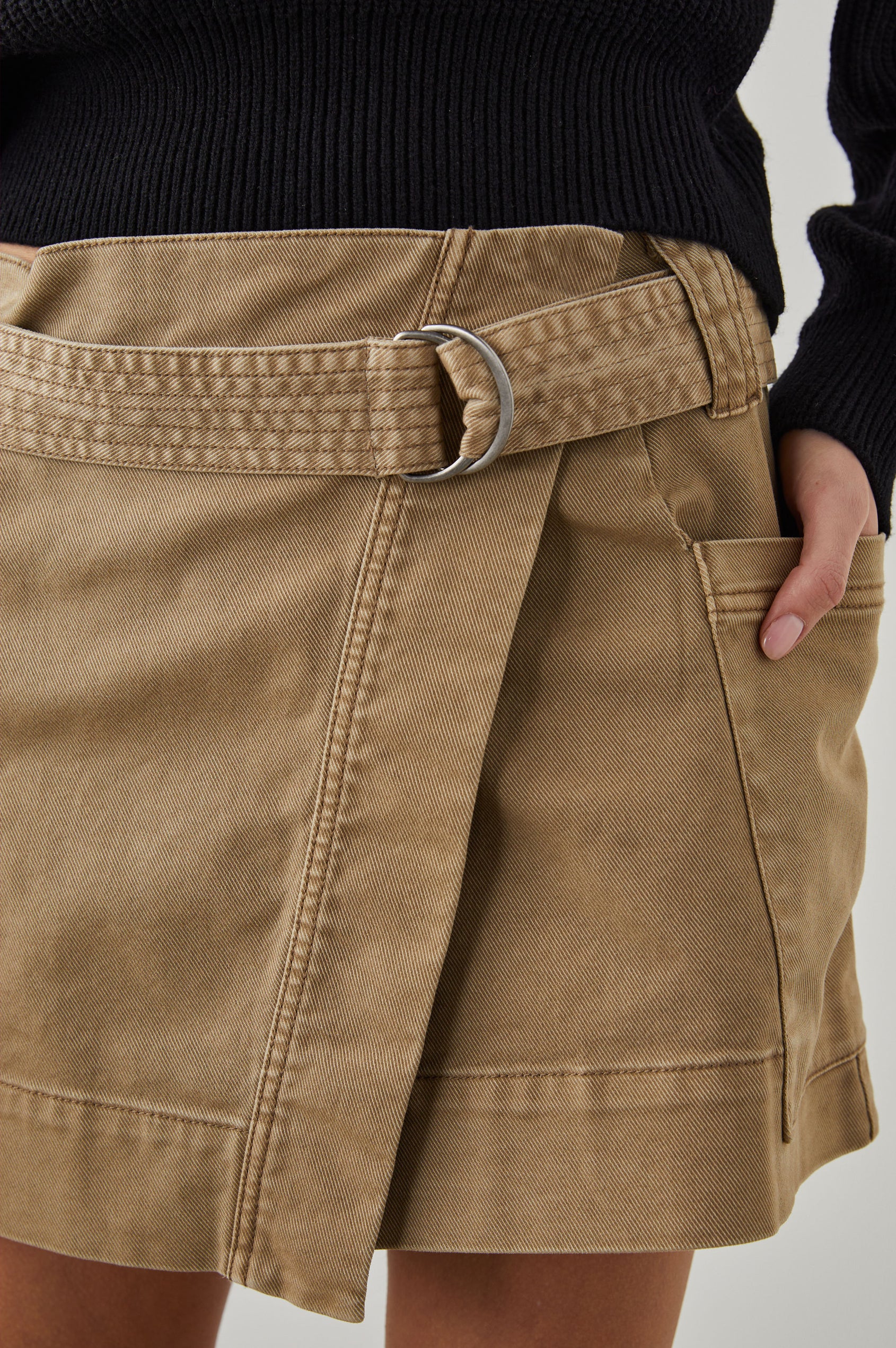 Deanna Mini Wrap Skirt with Fabric Belt and Two Side Pockets in Brown Olive Colorway - Front View Featured on Model