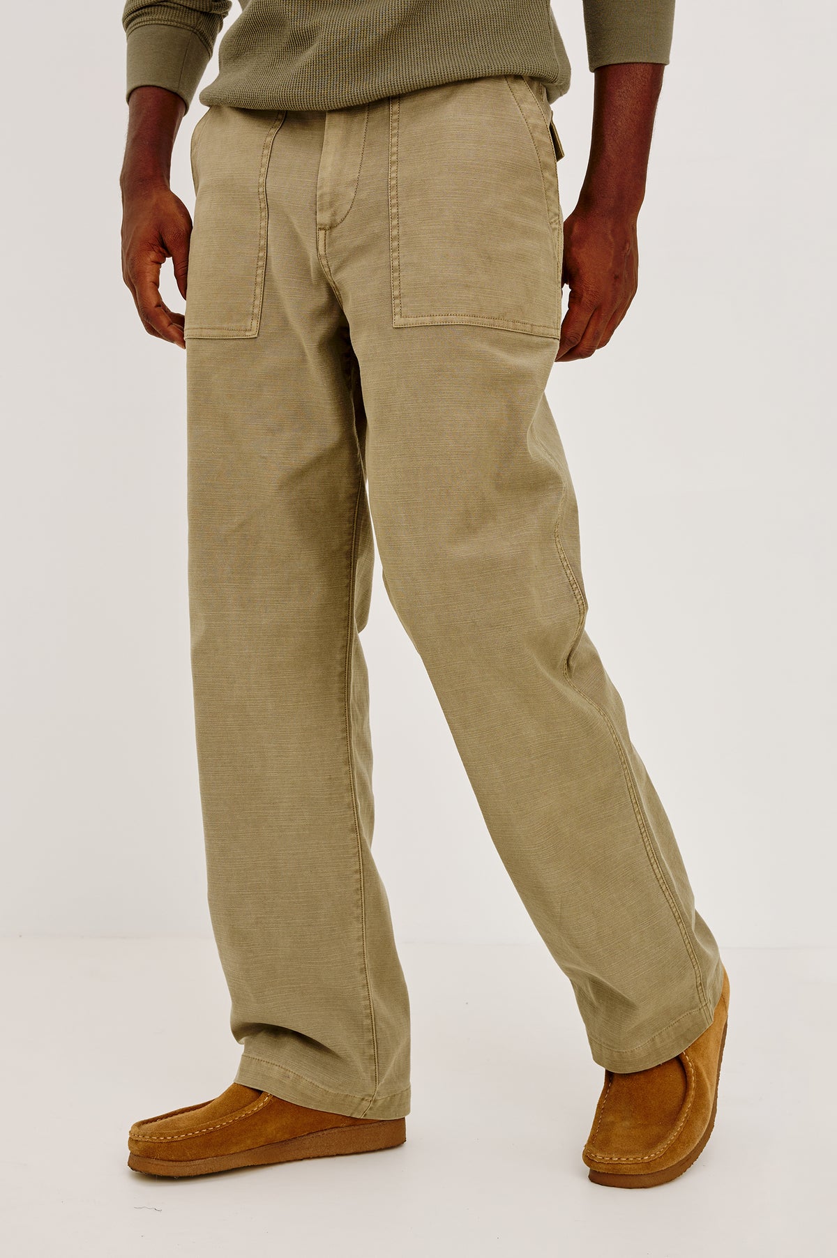 Decker Relaxed Straight Leg Workwear Pant in Stretch Cotton With Lived-In Wash, Zip Fly, and Side and Back Buttoned-Flap Pockets in Terra Colorway - Lower Body Front View Featured on Model