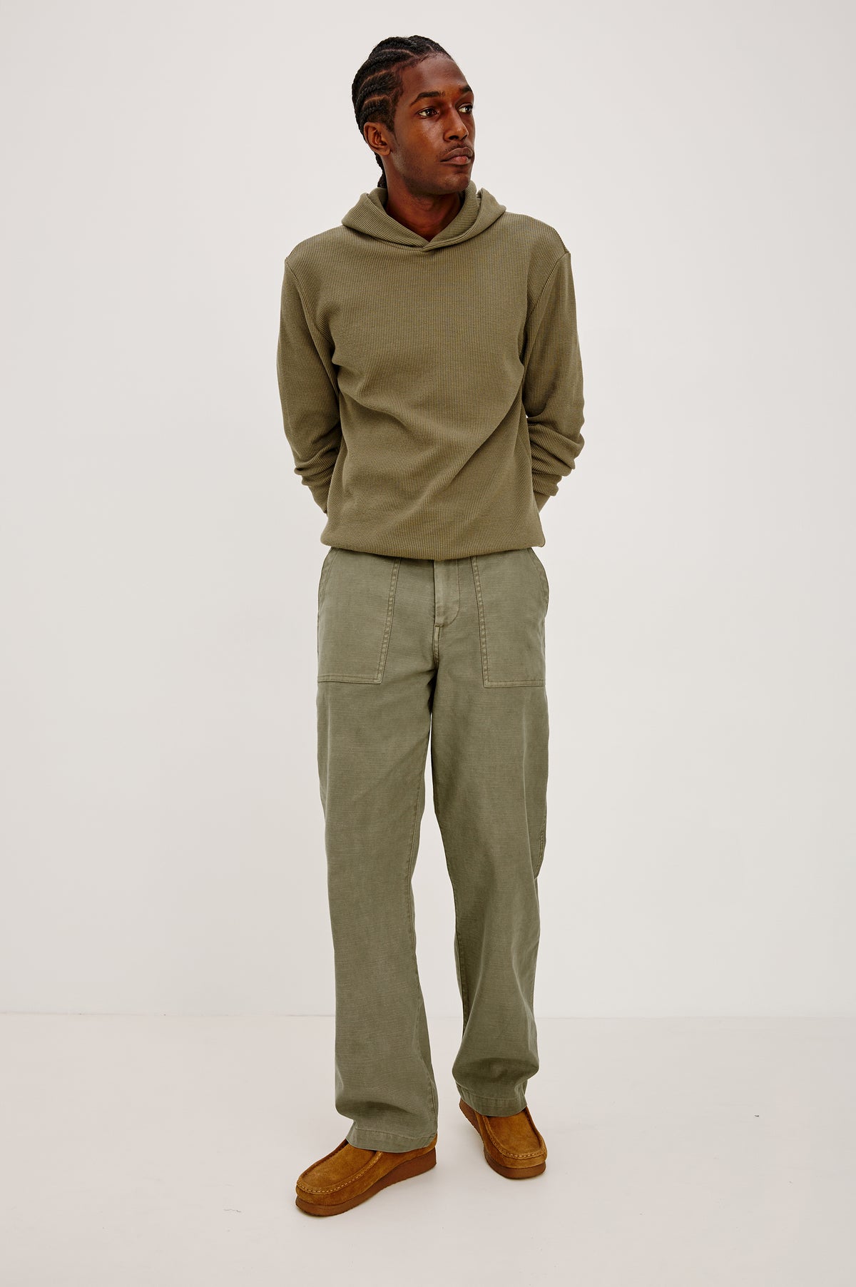 Decker Relaxed Straight Leg Workwear Pant in Stretch Cotton With Lived-In Wash, Zip Fly, and Side and Back Buttoned-Flap Pockets in Terra Colorway - Full Body Close Up Front View Featured on Model