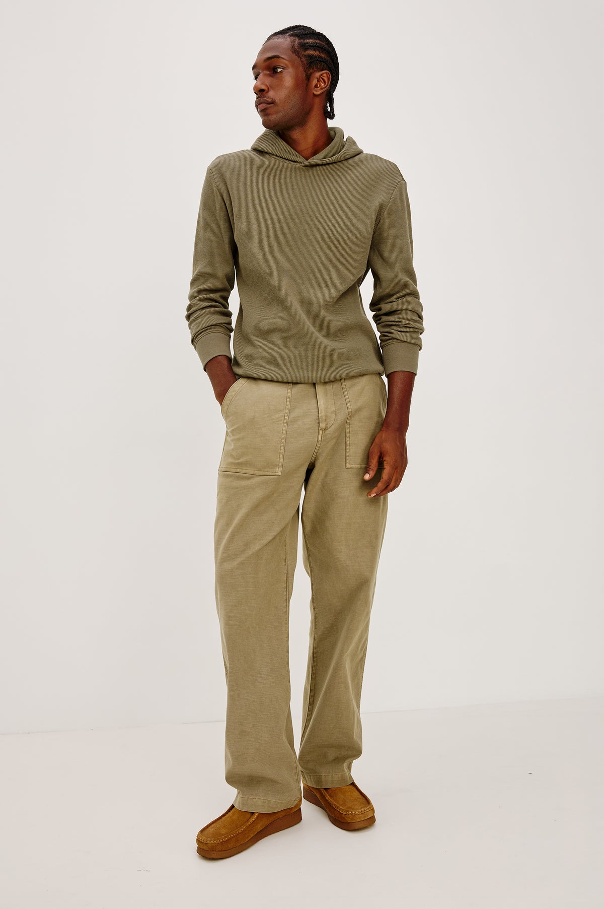 Decker Relaxed Straight Leg Workwear Pant in Stretch Cotton With Lived-In Wash, Zip Fly, and Side and Back Buttoned-Flap Pockets in Terra Colorway - Full Body Close Up Front View Featured on Model