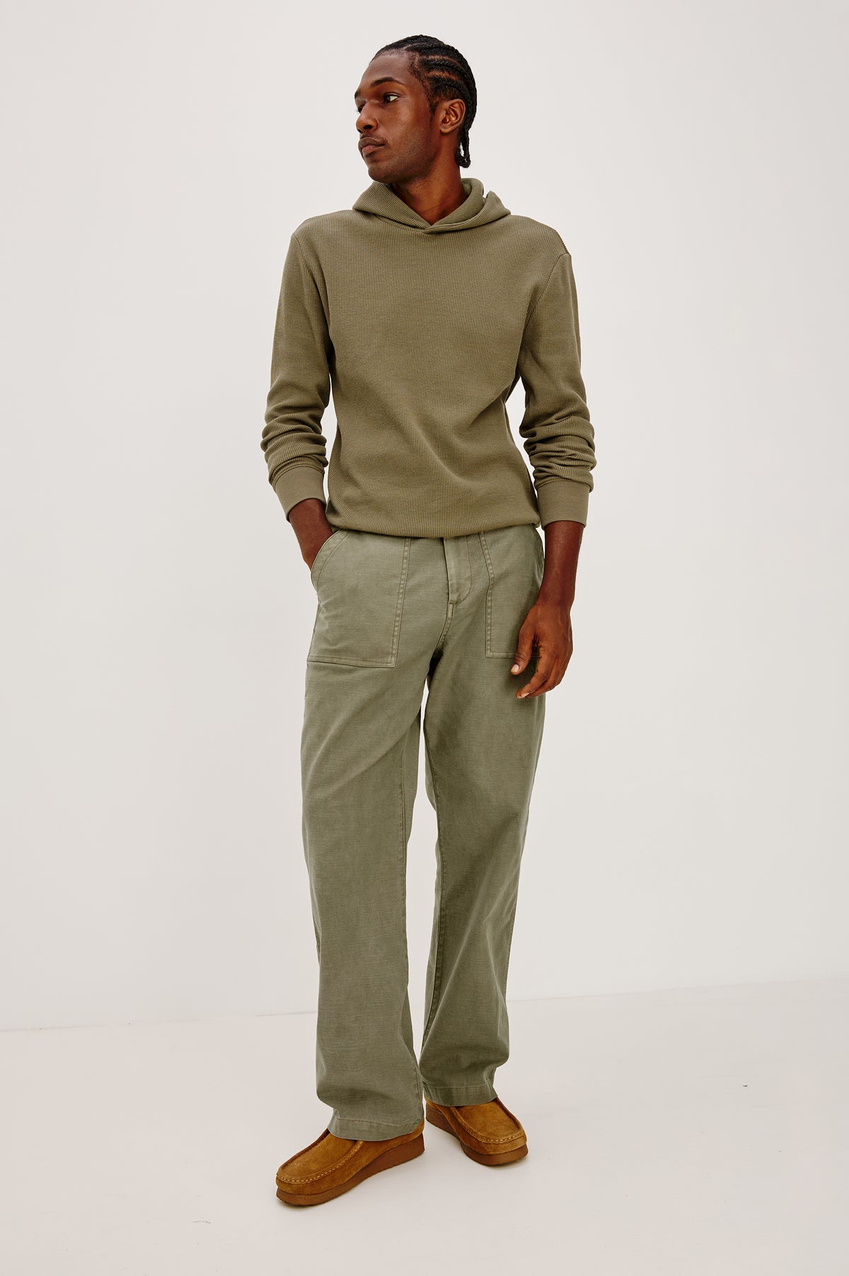 Decker Relaxed Straight Leg Workwear Pant in Stretch Cotton With Lived-In Wash, Zip Fly, and Side and Back Buttoned-Flap Pockets in Terra Colorway - Full Body Close Up Front View Featured on Model