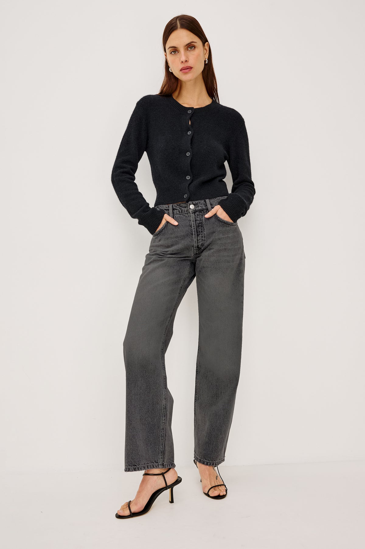 Del Mar Boyfriend Jean in Rigid Drapey Denim With Low-Slung Fit, Wide Relaxed Legs, 5-Pockets, and Button Fly in Bandit Colorway - Full Body Front View Featured on Model