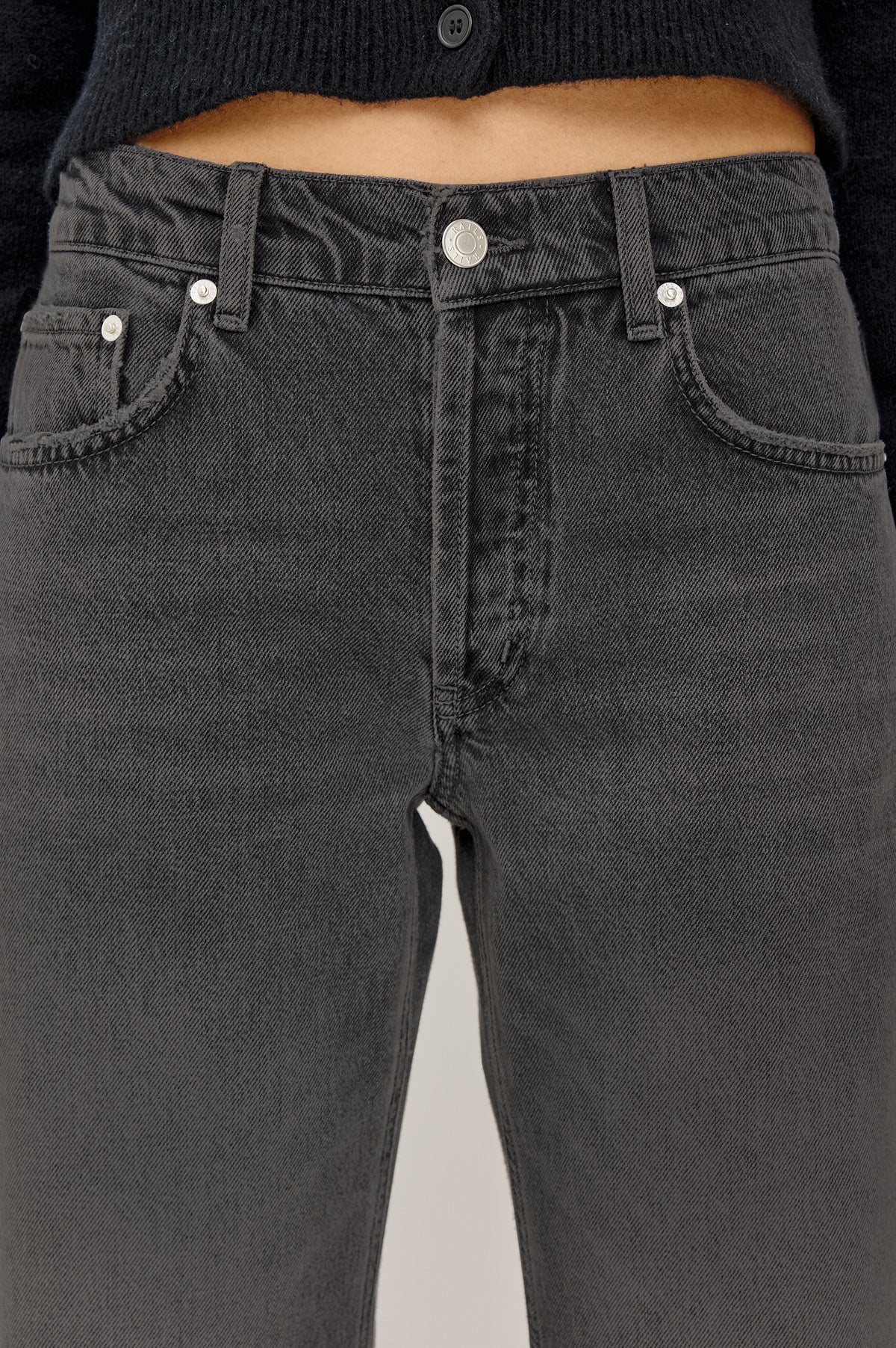 Del Mar Boyfriend Jean in Rigid Drapey Denim With Low-Slung Fit, Wide Relaxed Legs, 5-Pockets, and Button Fly in Bandit Colorway - Lower Body Front View Featured on Model