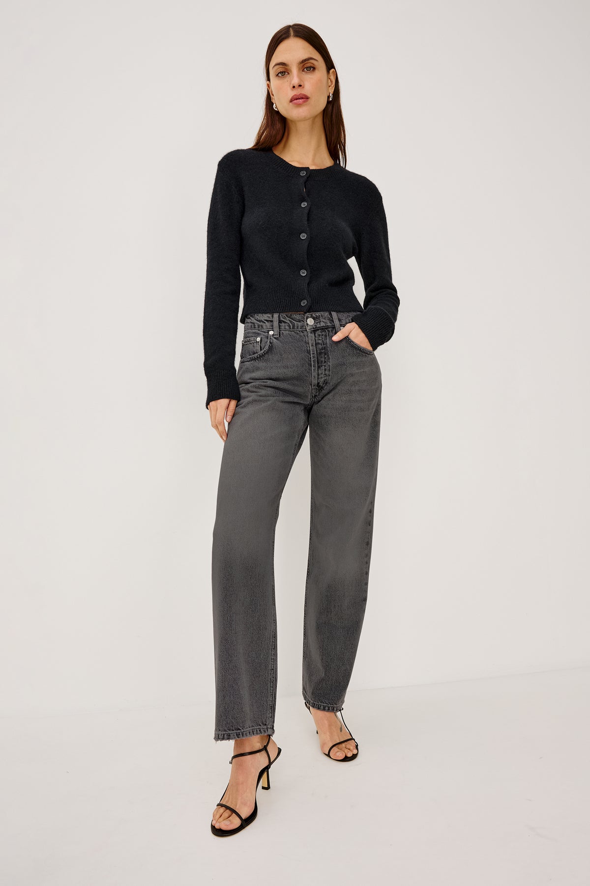 Del Mar Boyfriend Jean in Rigid Drapey Denim With Low-Slung Fit, Wide Relaxed Legs, 5-Pockets, and Button Fly in Bandit Colorway - Full Body Front View Featured on Model