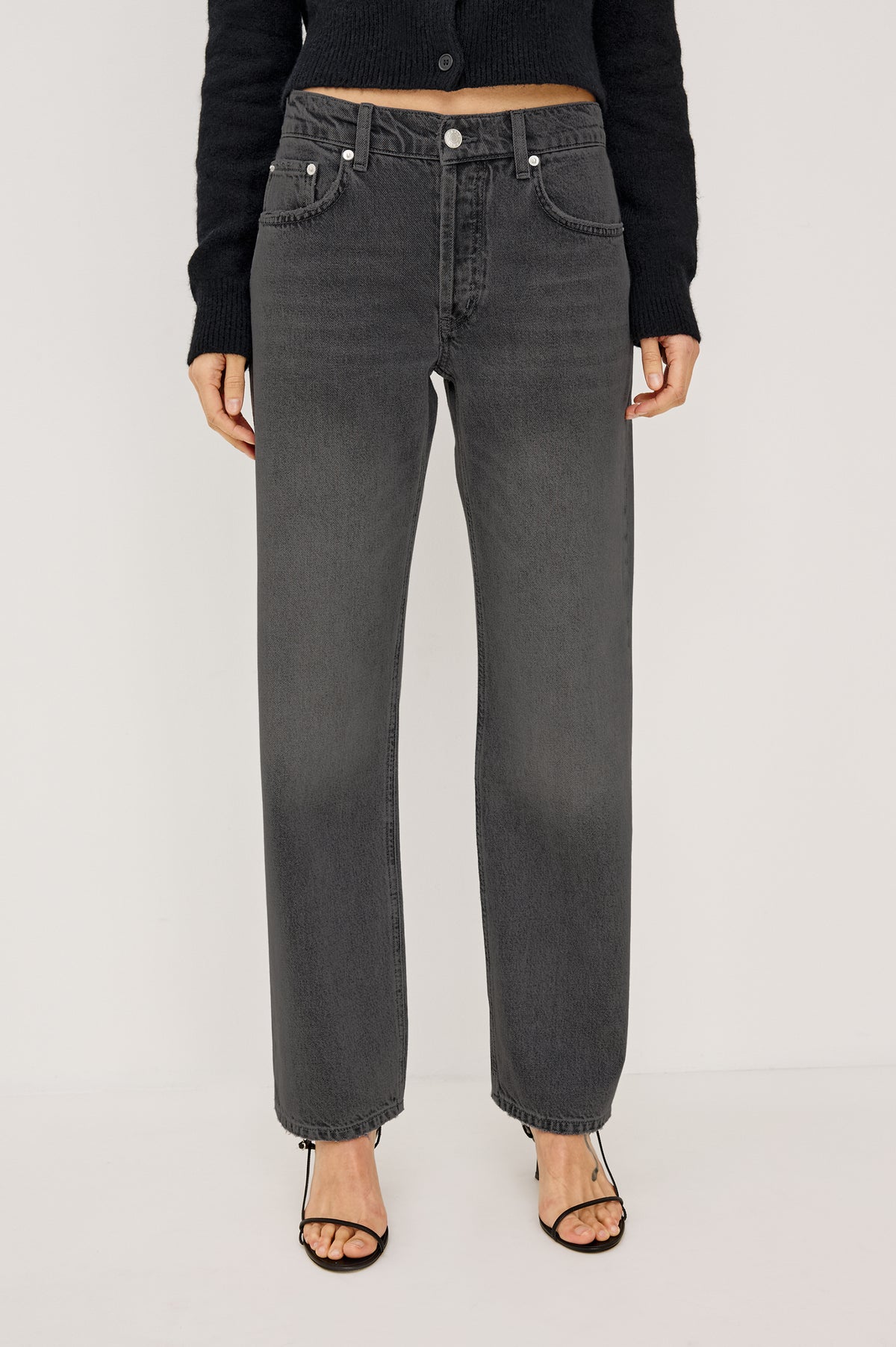 Del Mar Boyfriend Jean in Rigid Drapey Denim With Low-Slung Fit, Wide Relaxed Legs, 5-Pockets, and Button Fly in Bandit Colorway - Lower Body Front View Featured on Model
