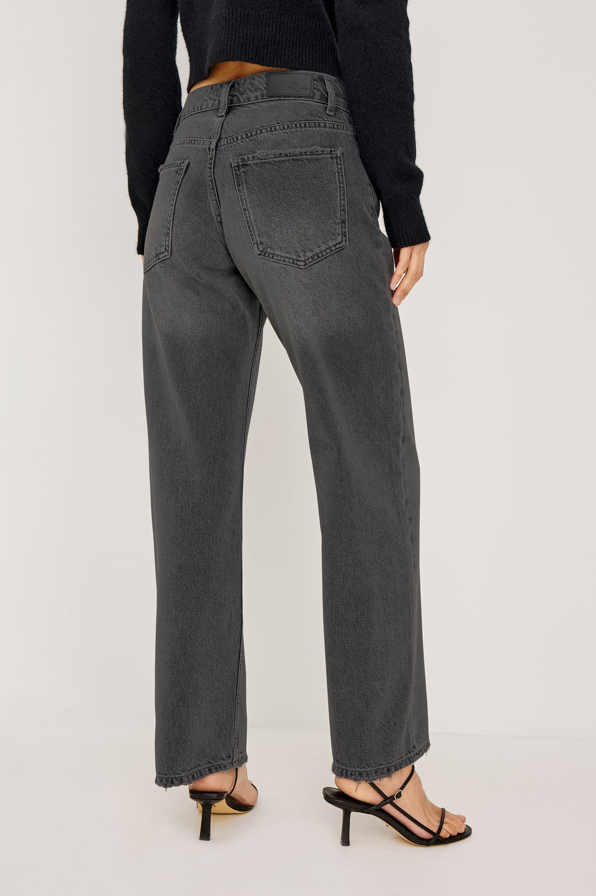 Del Mar Boyfriend Jean in Rigid Drapey Denim With Low-Slung Fit, Wide Relaxed Legs, 5-Pockets, and Button Fly in Bandit Colorway - Lower Body Back View Featured on Model