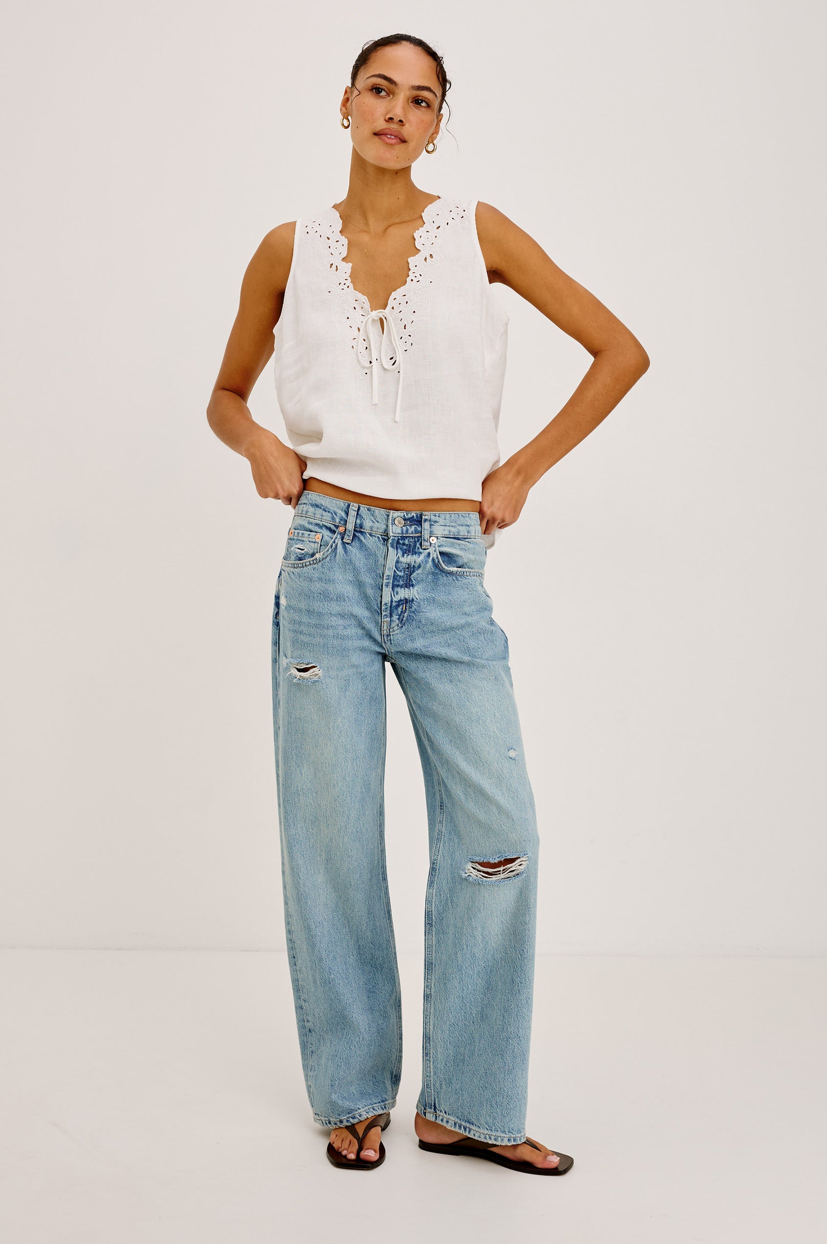 Del Mar Boyfriend Jean in TENCEL™ With Wide, Relaxed Legs, Distressed Knee and Detailing, and 5-Pocket Vintage-Inspired Design, and Button Fly in Heritage Desconstructed Colorway - Full Body Front View Featured on Model