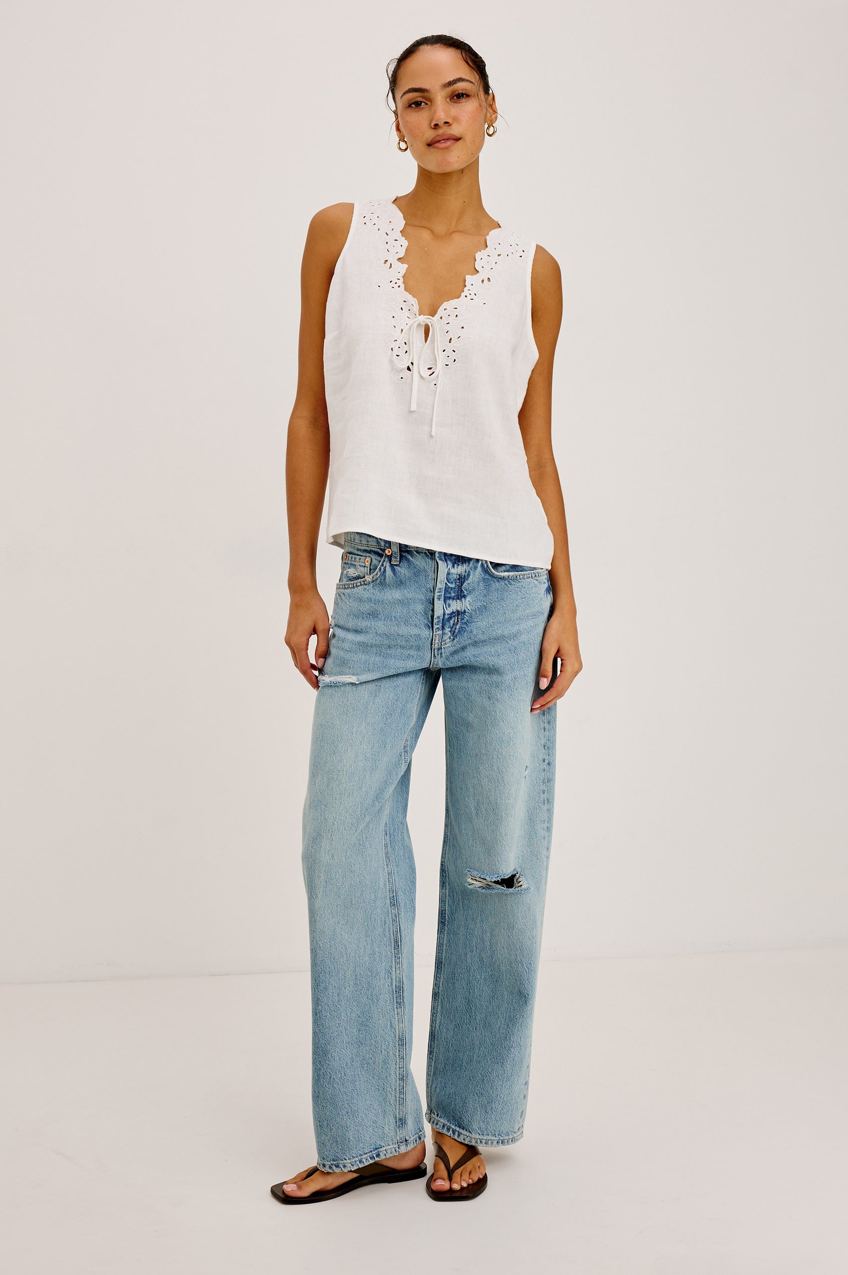 Del Mar Boyfriend Jean in TENCEL™ With Wide, Relaxed Legs, Distressed Knee and Detailing, and 5-Pocket Vintage-Inspired Design, and Button Fly in Heritage Desconstructed Colorway - Full Body Front View Featured on Model