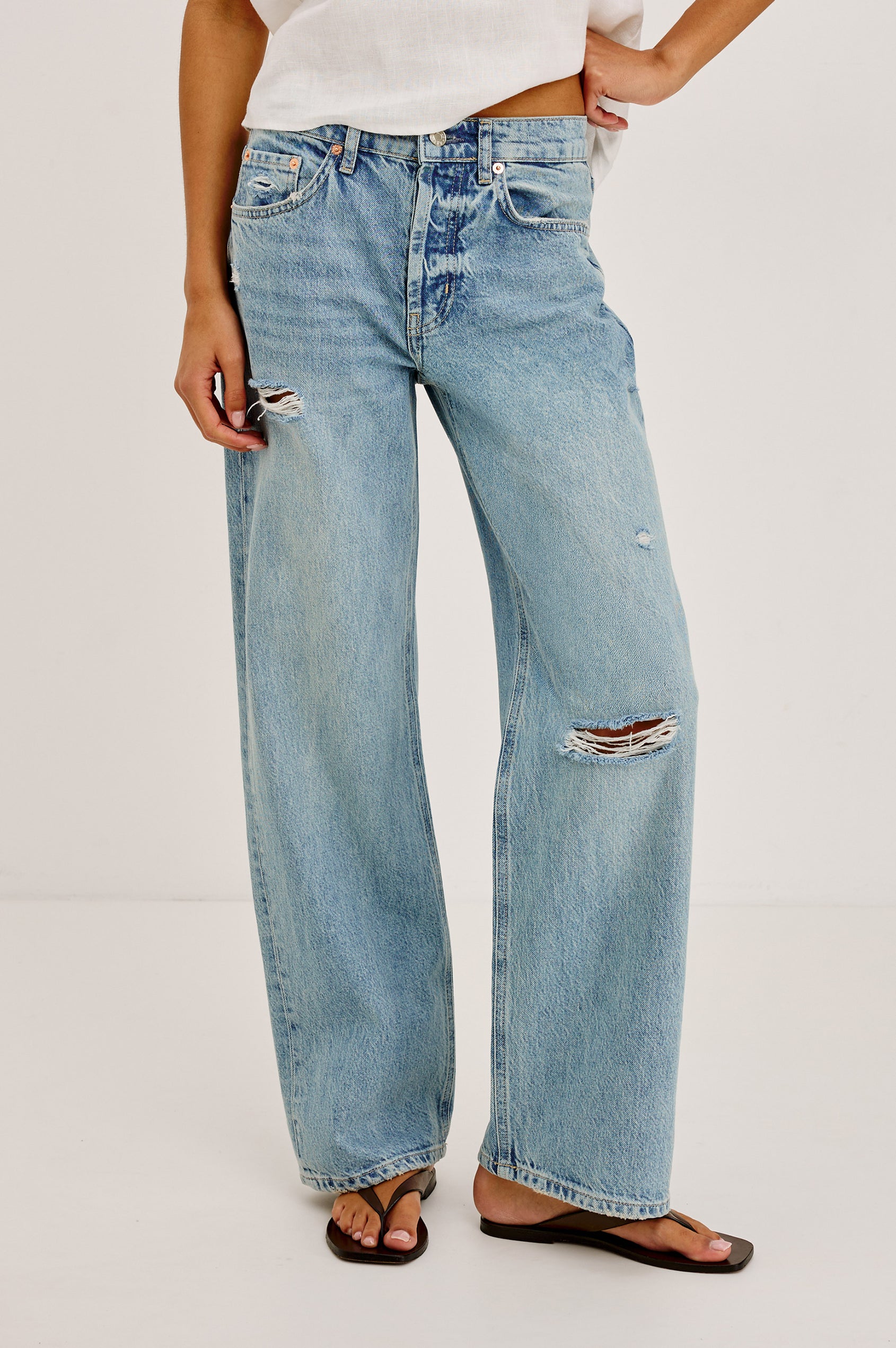 Del Mar Boyfriend Jean in TENCEL™ With Wide, Relaxed Legs, Distressed Knee and Detailing, and 5-Pocket Vintage-Inspired Design, and Button Fly in Heritage Desconstructed Colorway - Lower Body Front View Featured on Model