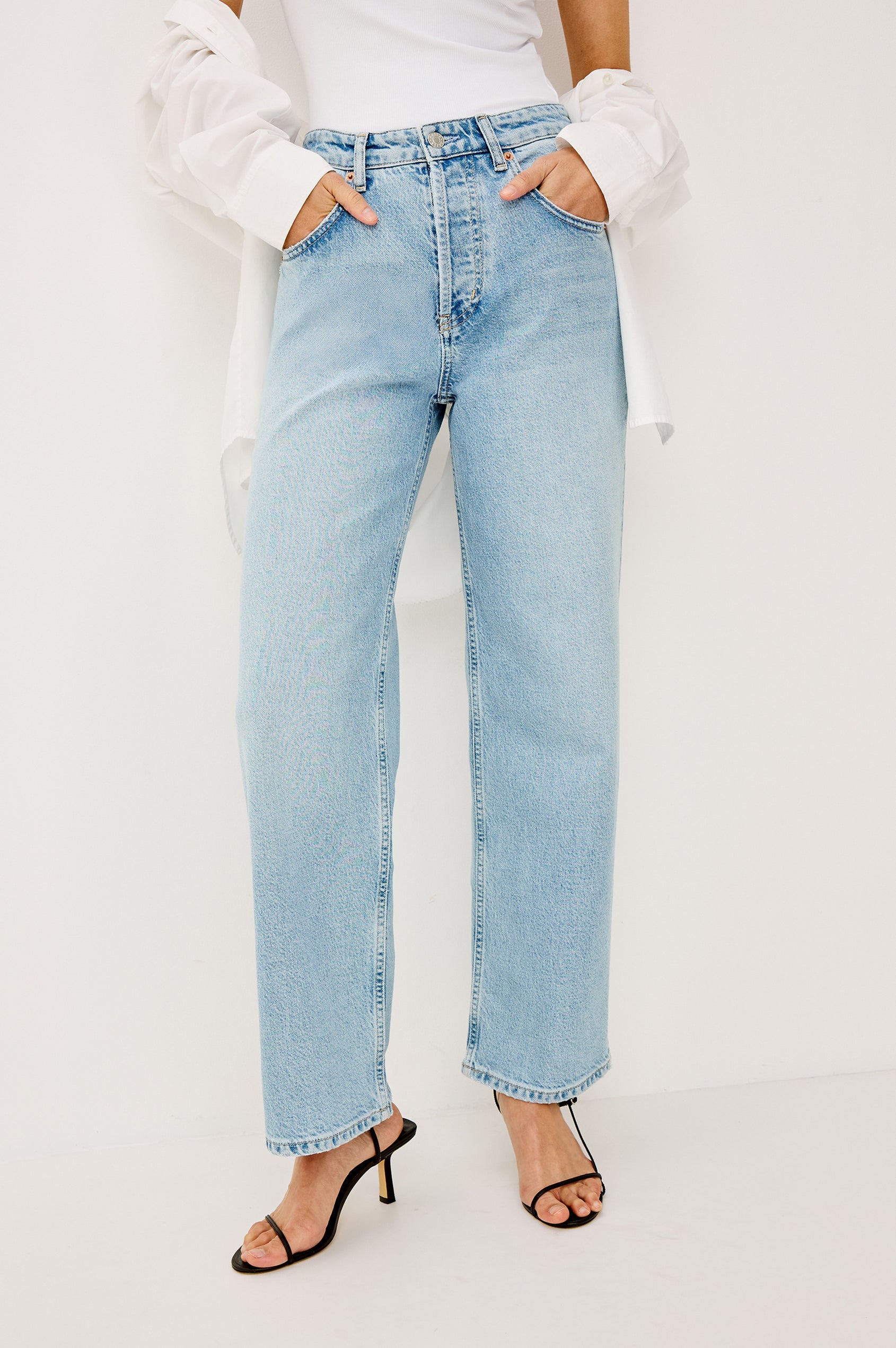 Del Mar Low-Rise Wide Straight Leg Jean in Vintage-Inspired Wash With Relaxed Fit in Jasper Colorway - Lower Body Back View Featured on Model