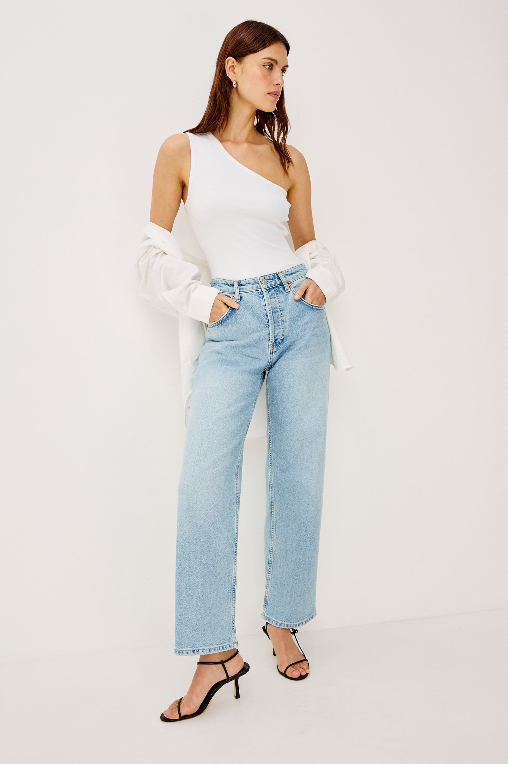 Del Mar Low-Rise Wide Straight Leg Jean in Vintage-Inspired Wash With Relaxed Fit in Jasper Colorway - Full Body Back Front View Featured on Model