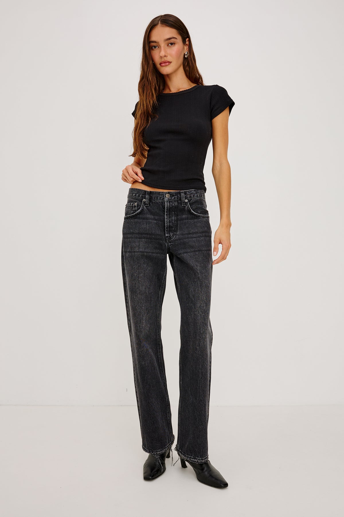 Del Mar Boyfriend Jean in Rigid Drapey Denim With Low-Slung Fit, Wide Relaxed Legs, 5-Pockets, and Button Fly in Nigh Cap ColorwayFull Body Front View Featured on Model.