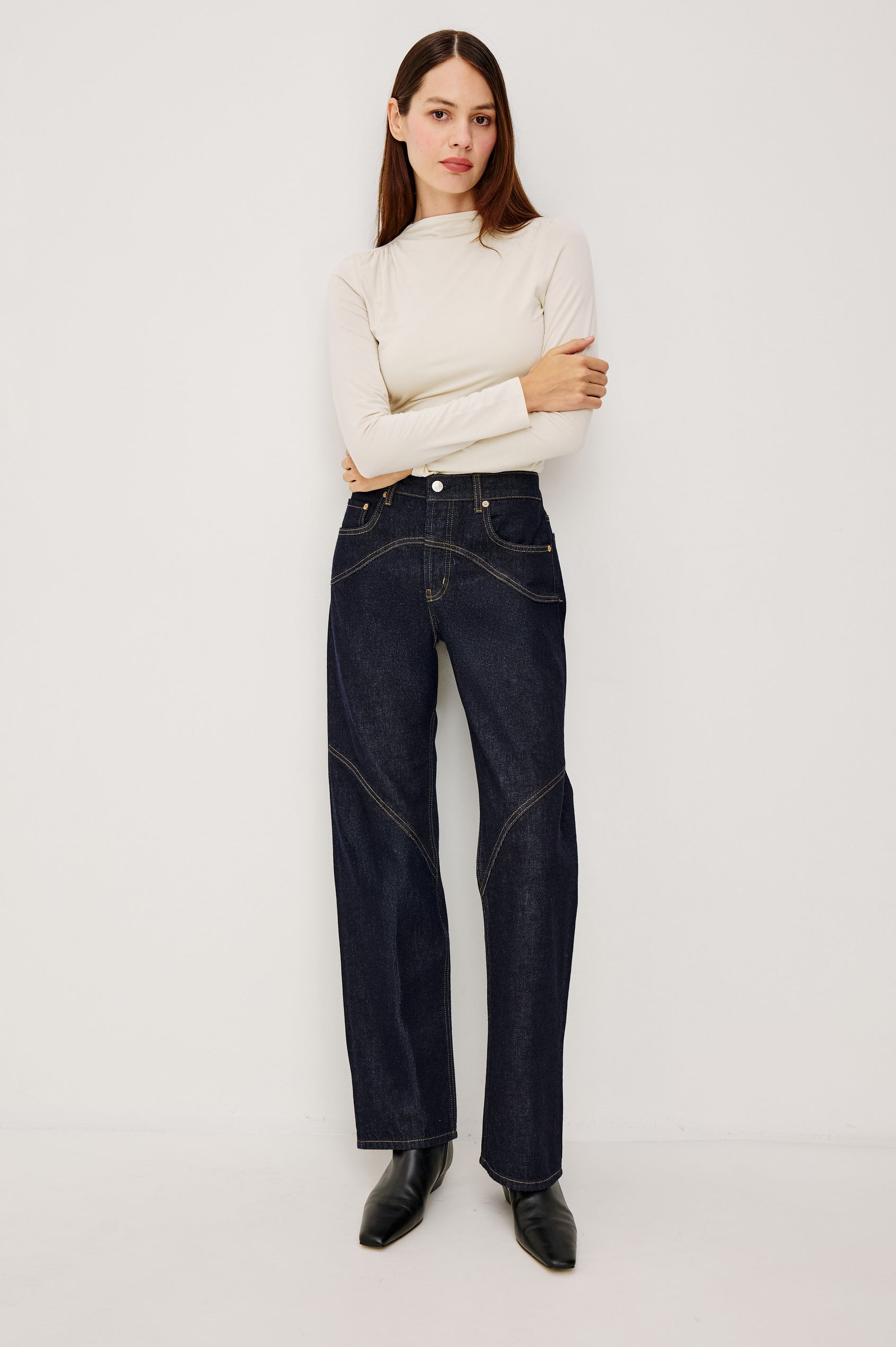 Del Mar Low-Rise Wide Straight Leg Jean in Rigid Dark Wash Denim With Wide Straight Legs, Saddle Seam Detailing, in Onyx Colorway - Lower Body Back View Featured on Model