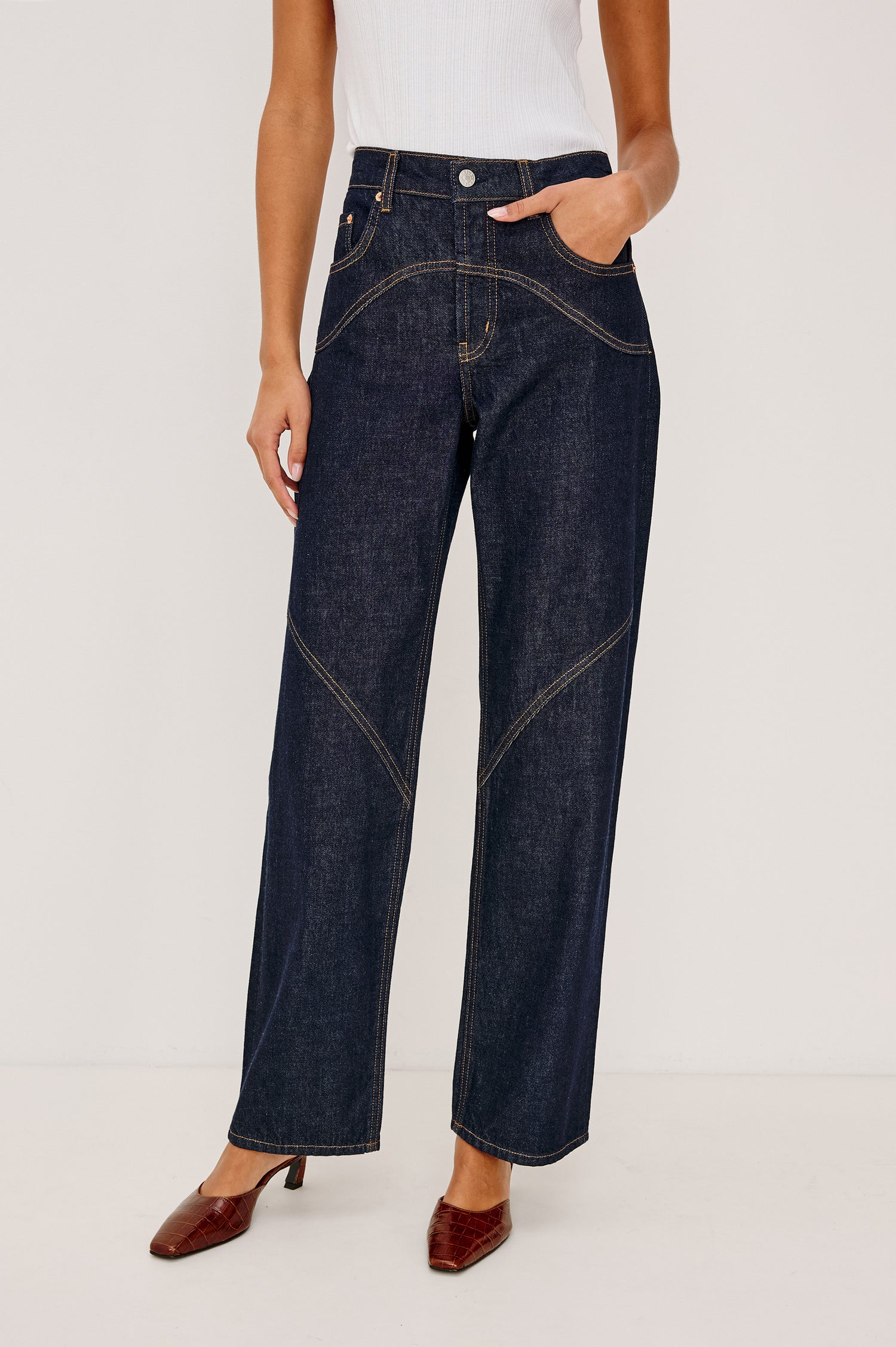 Del Mar Low-Rise Wide Straight Leg Jean in Rigid Dark Wash Denim With Wide Straight Legs, Saddle Seam Detailing, in Onyx Colorway - Lower Body back View Featured on Model