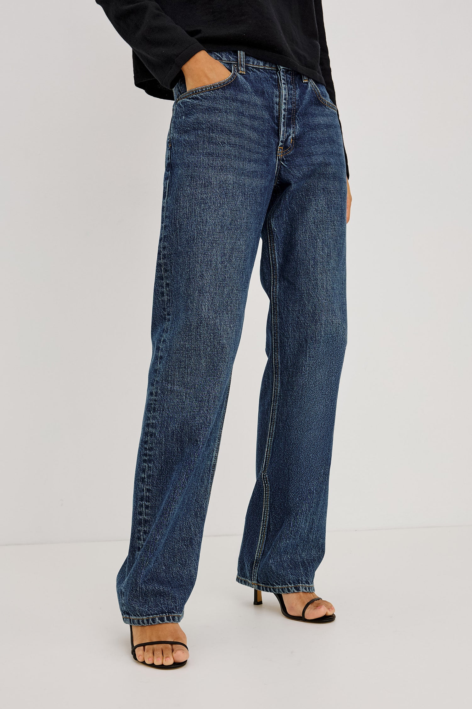 Del Mar Boyfriend Jean in Rigid Drapey Denim With Low-Slung Fit, Wide Relaxed Legs, 5-Pockets, and Button Fly in Upstream Colorway - Lower Body Front View Featured on Model