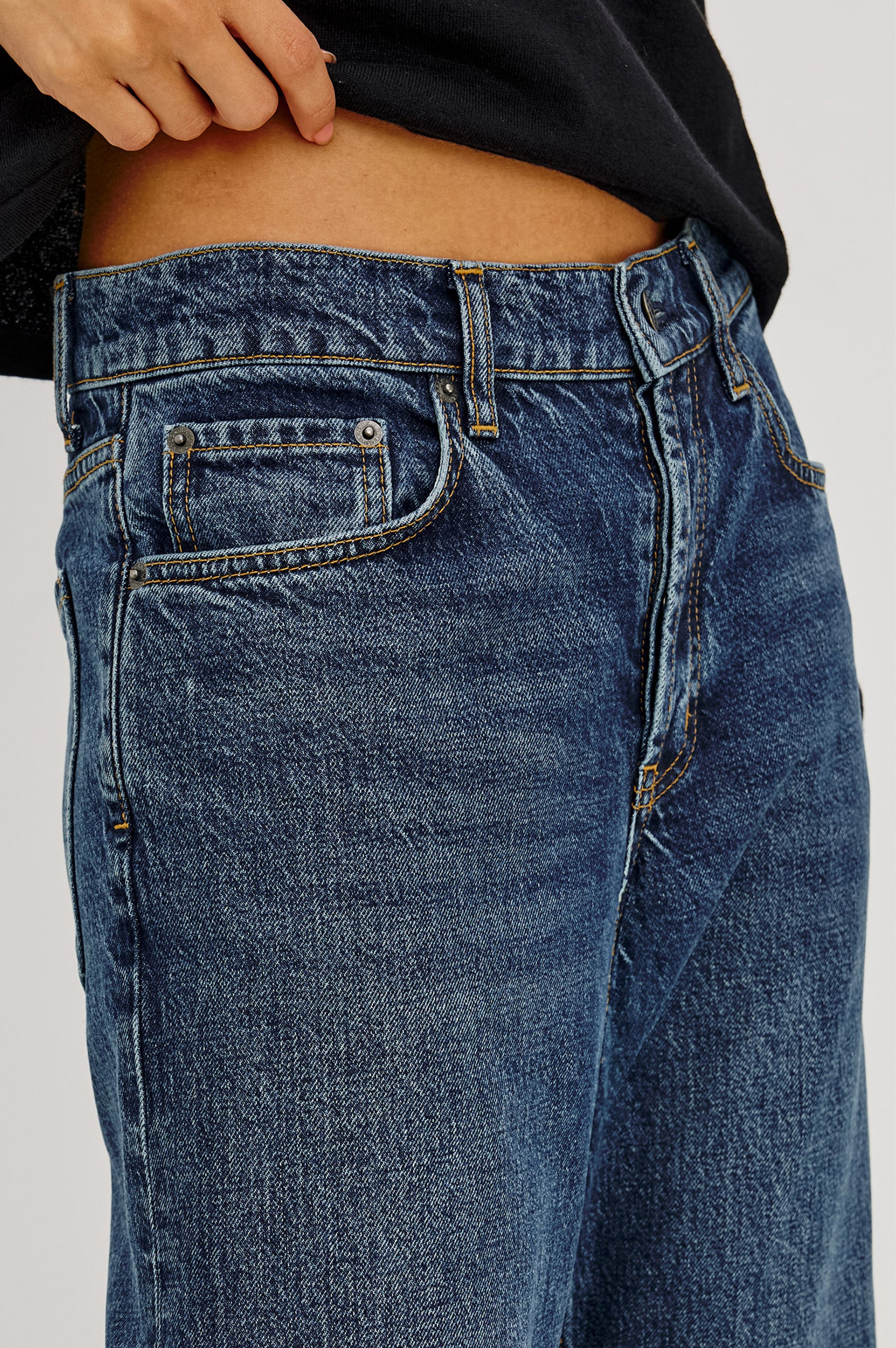 Del Mar Boyfriend Jean in Rigid Drapey Denim With Low-Slung Fit, Wide Relaxed Legs, 5-Pockets, and Button Fly in Upstream Colorway - Lower Body Close Up View Featured on Model