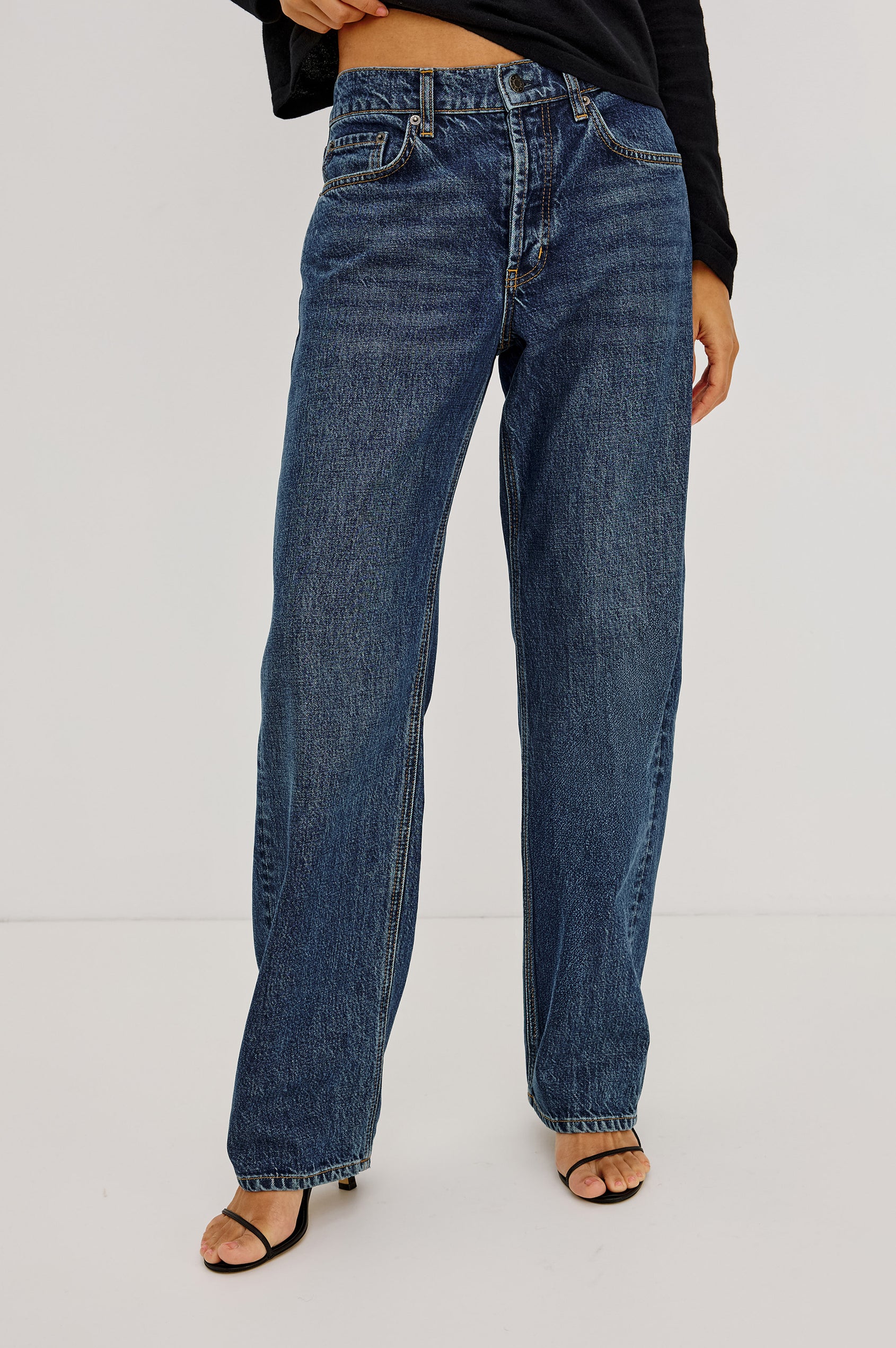 Del Mar Boyfriend Jean in Rigid Drapey Denim With Low-Slung Fit, Wide Relaxed Legs, 5-Pockets, and Button Fly in Upstream Colorway - Lower Body Front View Featured on Model