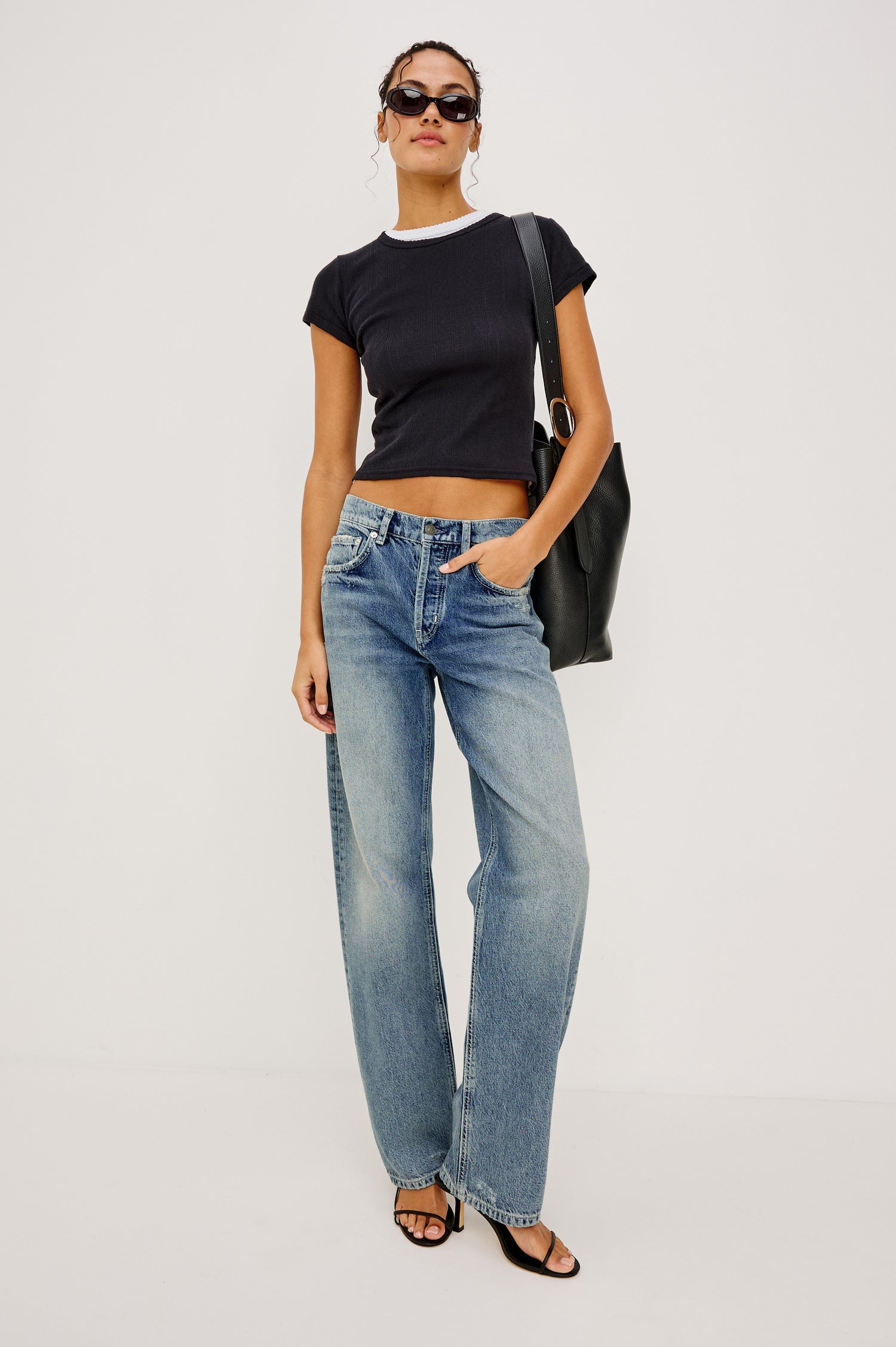 Del Mar Low-Rise Wide Straight Leg Jean in With Relaxed Fit in Vintage Azure Colorway - Full Body Front View Featured on Model