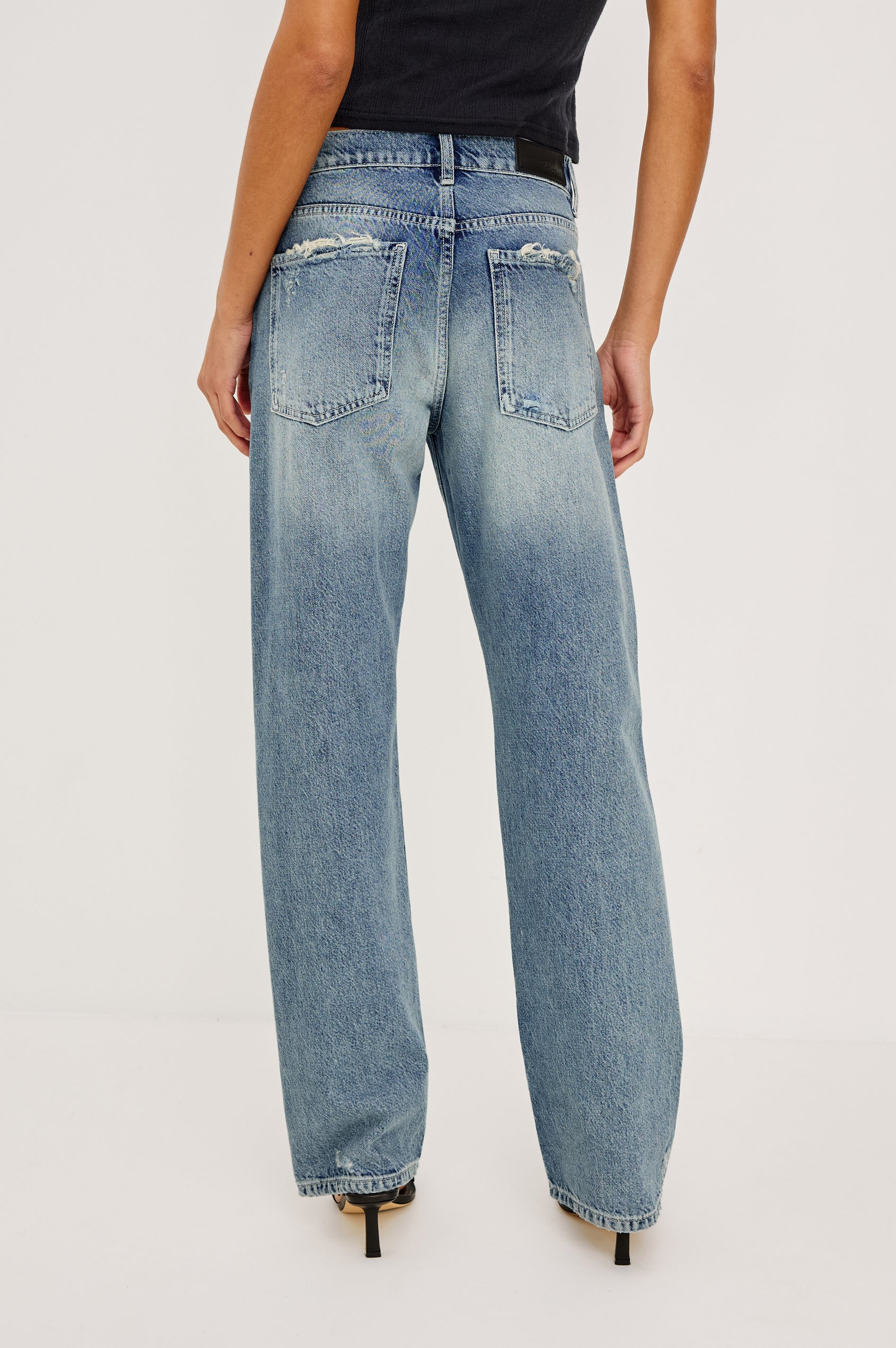 Del Mar Low-Rise Wide Straight Leg Jean in With Relaxed Fit in Vintage Azure Colorway - Lower Body Back View Featured on Model