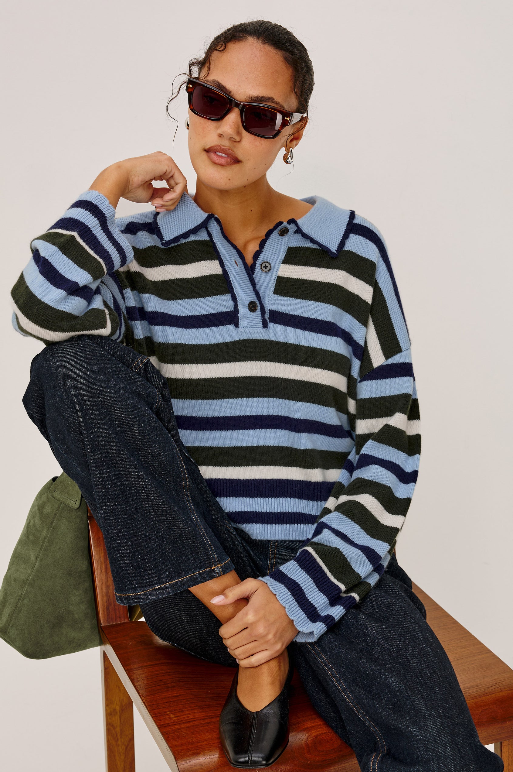 Delora Rugby Sweater in Wool Blend Knit in Loose, Boxy Fit, With Long Sleeves, Quarter-Button Placket, and Scalloped Trim in Sky Forest Stripe Colorway - Upper Body Front View Featured on Model Stylized