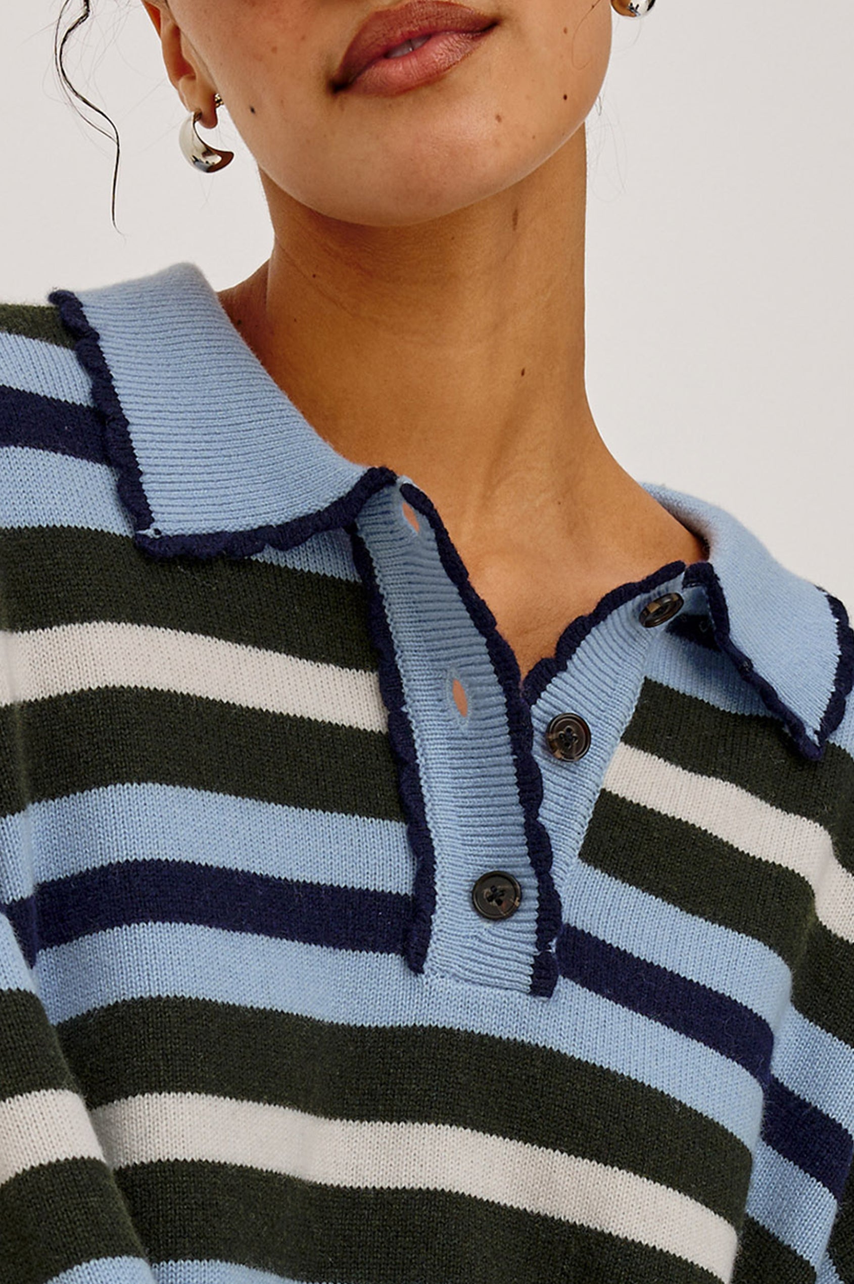 Delora Rugby Sweater in Wool Blend Knit in Loose, Boxy Fit, With Long Sleeves, Quarter-Button Placket, and Scalloped Trim in Sky Forest Stripe Colorway - Upper Body Front View Featured on Model
