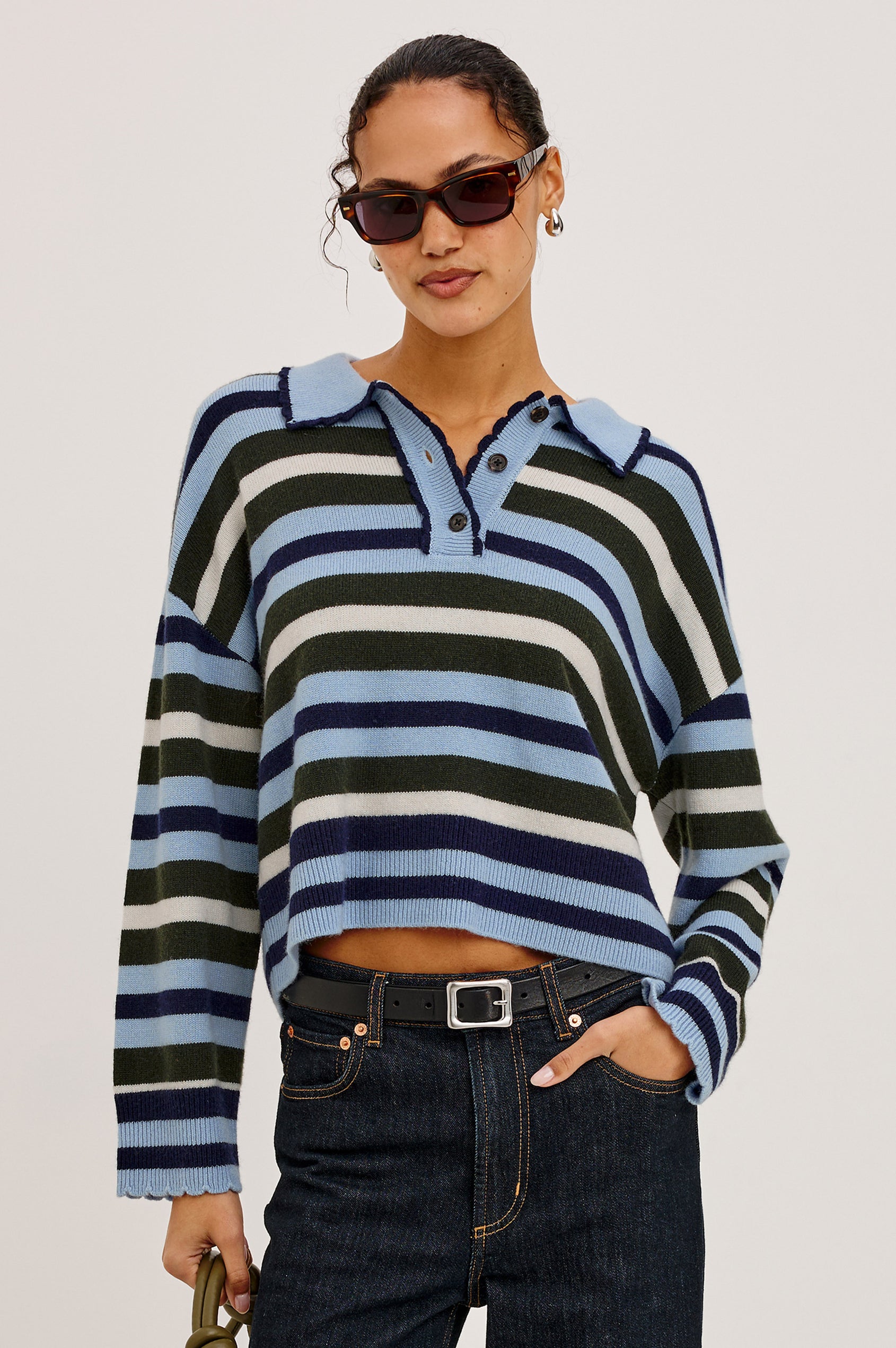 Delora Rugby Sweater in Wool Blend Knit in Loose, Boxy Fit, With Long Sleeves, Quarter-Button Placket, and Scalloped Trim in Sky Forest Stripe Colorway - Upper Body Front View Featured on Model