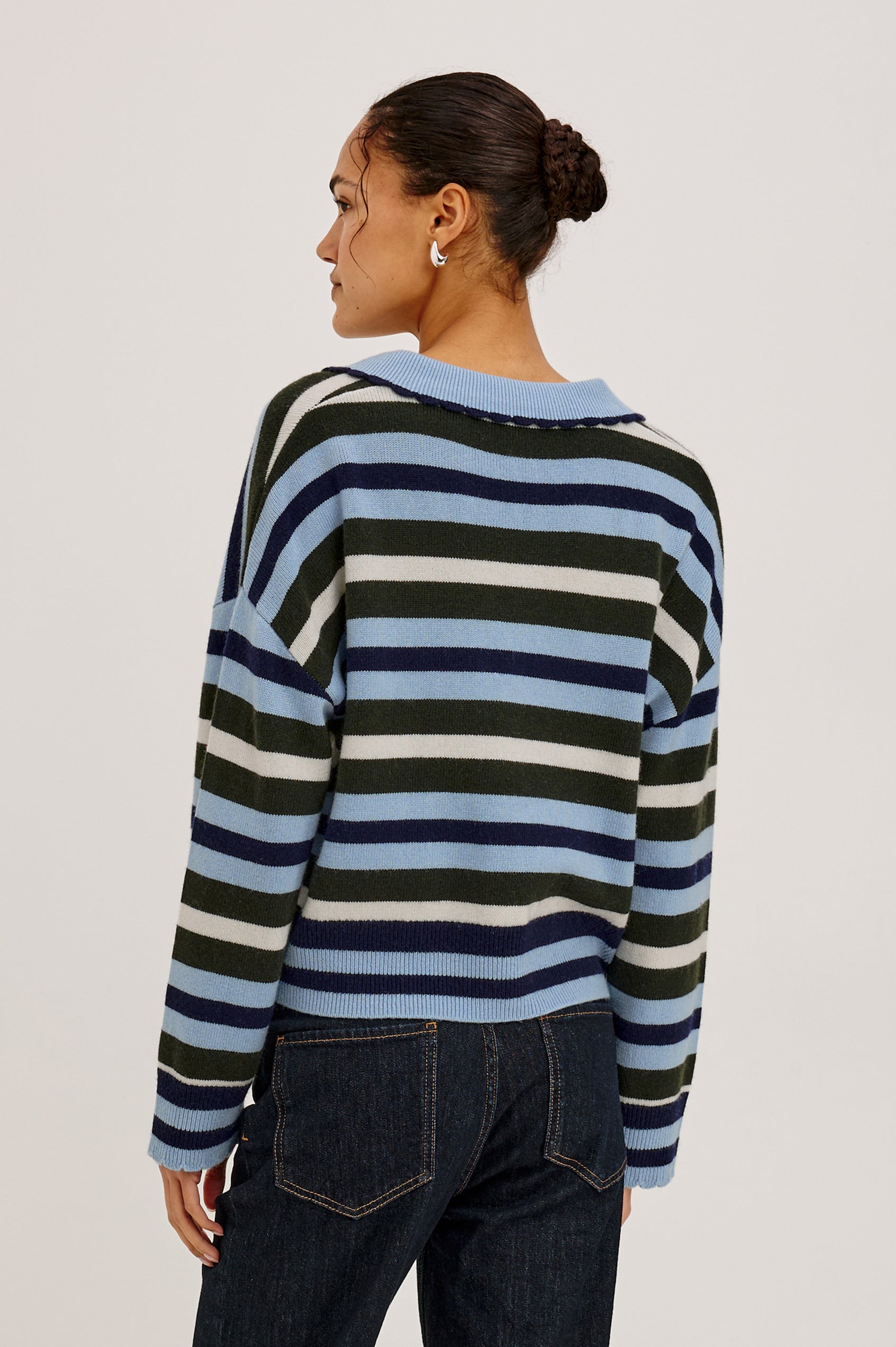 Delora Rugby Sweater in Wool Blend Knit in Loose, Boxy Fit, With Long Sleeves, Quarter-Button Placket, and Scalloped Trim in Sky Forest Stripe Colorway - Upper Body Back View Featured on Model