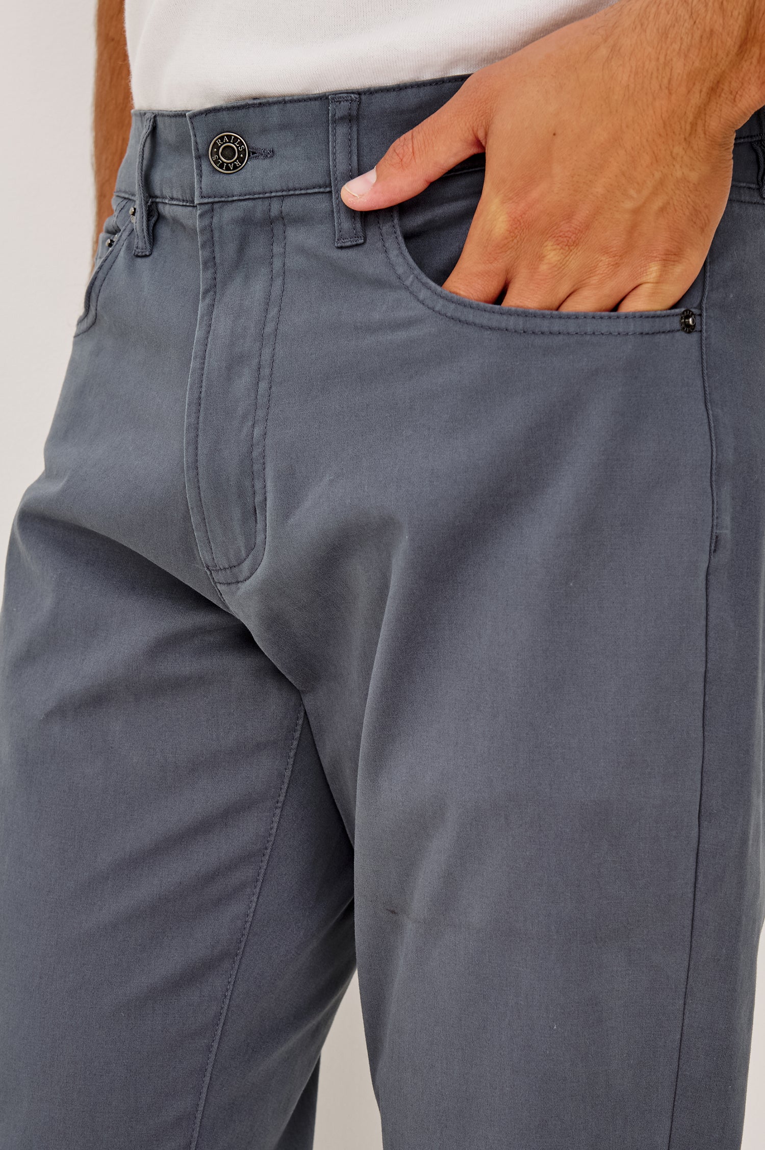 Dempsey Slim Straight Pant in Cotton Stretch With Front Zip Fly, 5-Pockets, and Belt Loops in Ensign Blue Colorway - Lower Body Front View Featured on Model