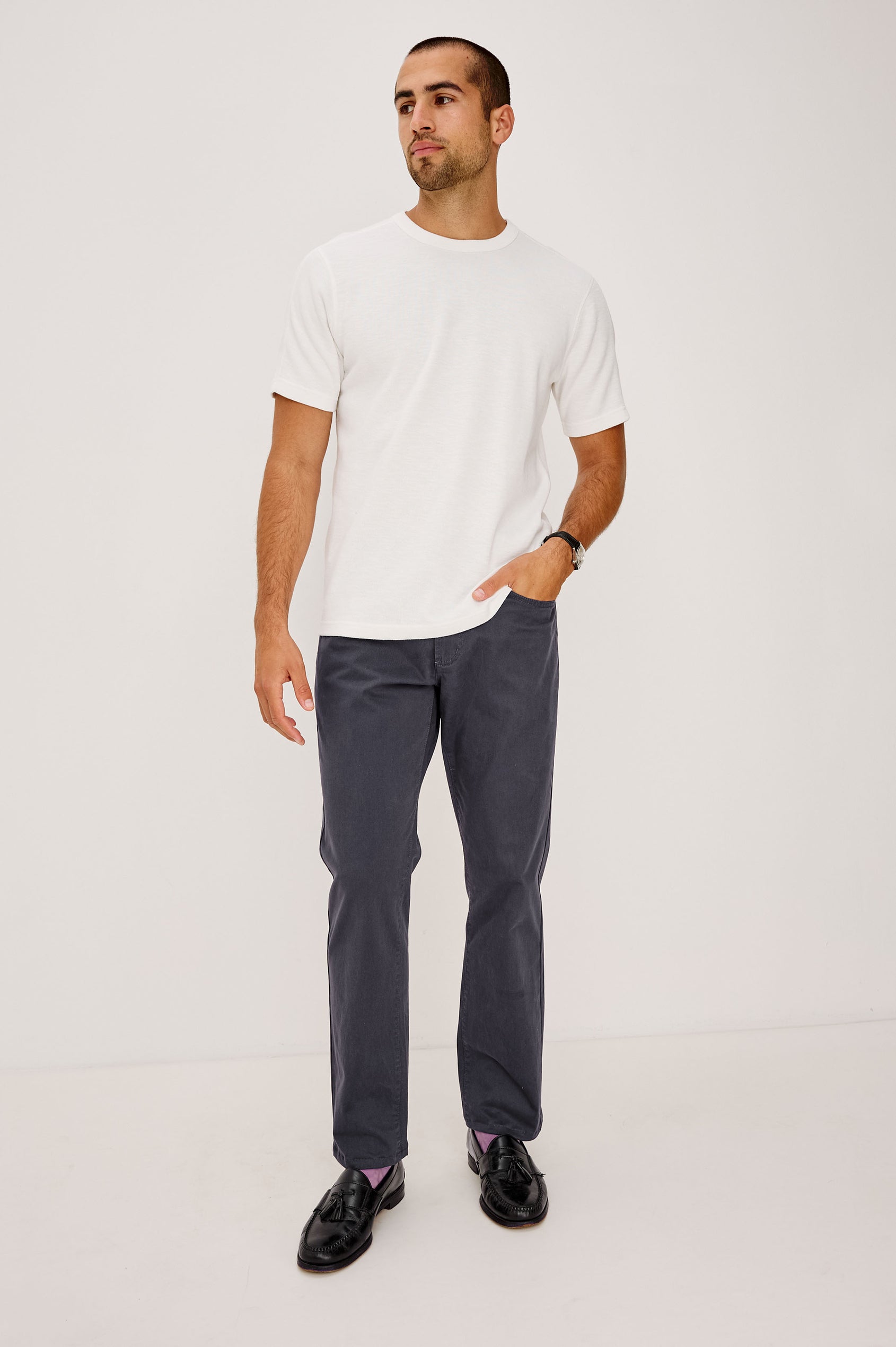 Dempsey Slim Straight Pant in Cotton Stretch With Front Zip Fly, 5-Pockets, and Belt Loops in Faded Grey Colorway - Full Body Front View Featured on Model