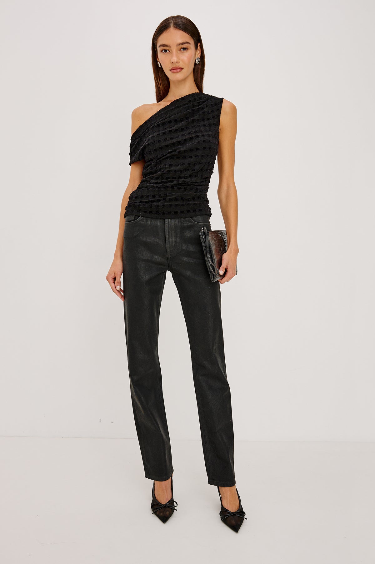 Dominic Top in Soft Jersey With Off-The-Shoulder One-Shoulder Design, Shirred Shoulders, and Ruched Waist in Black Checkerboard Colorway - Full Body Front View Featured on Model.