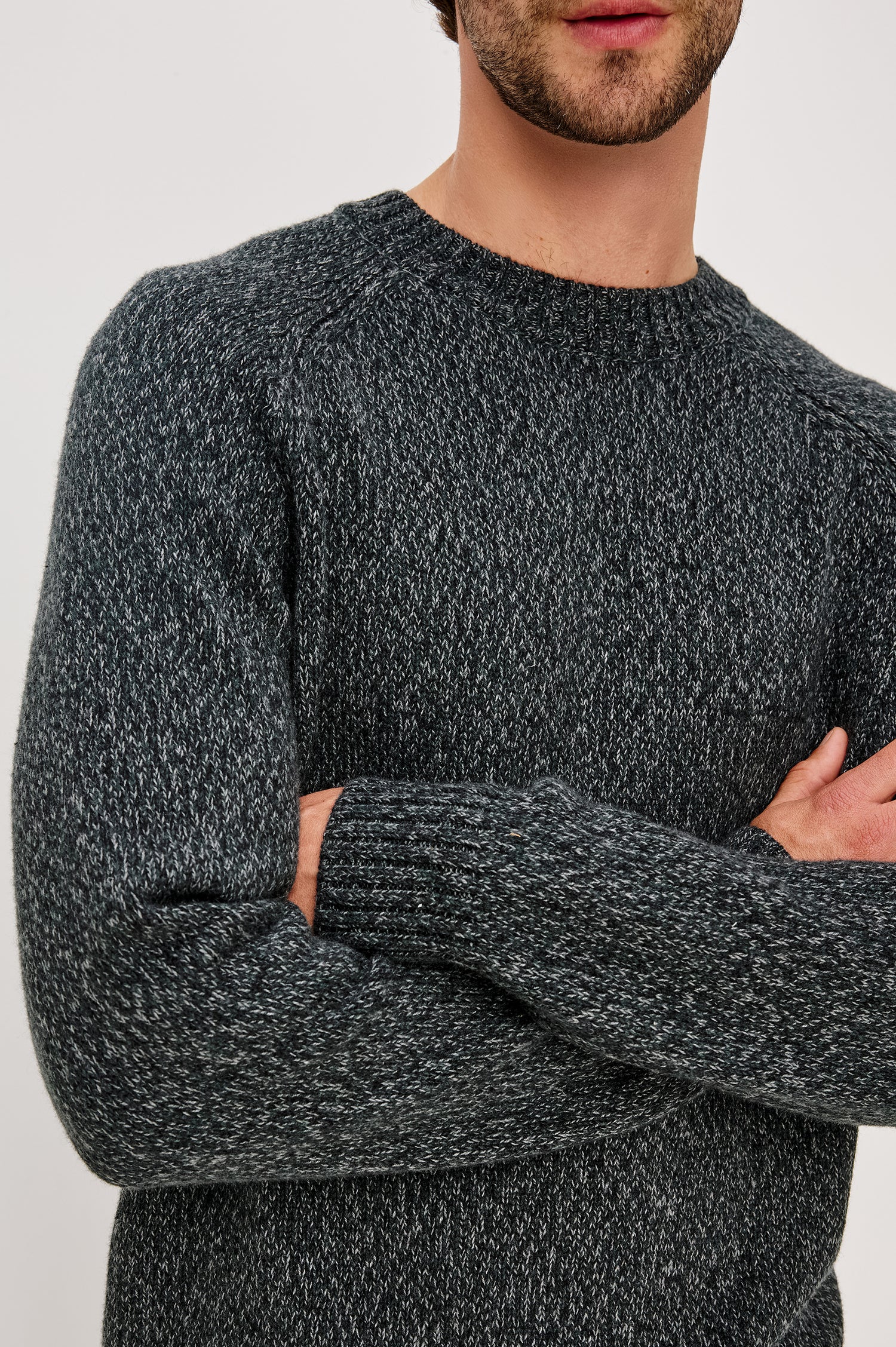Donovan Long-Sleeve Sweater with a Crew Neck and Ribbed Trim in Graphite Colorway - Front detail View Featured on Model