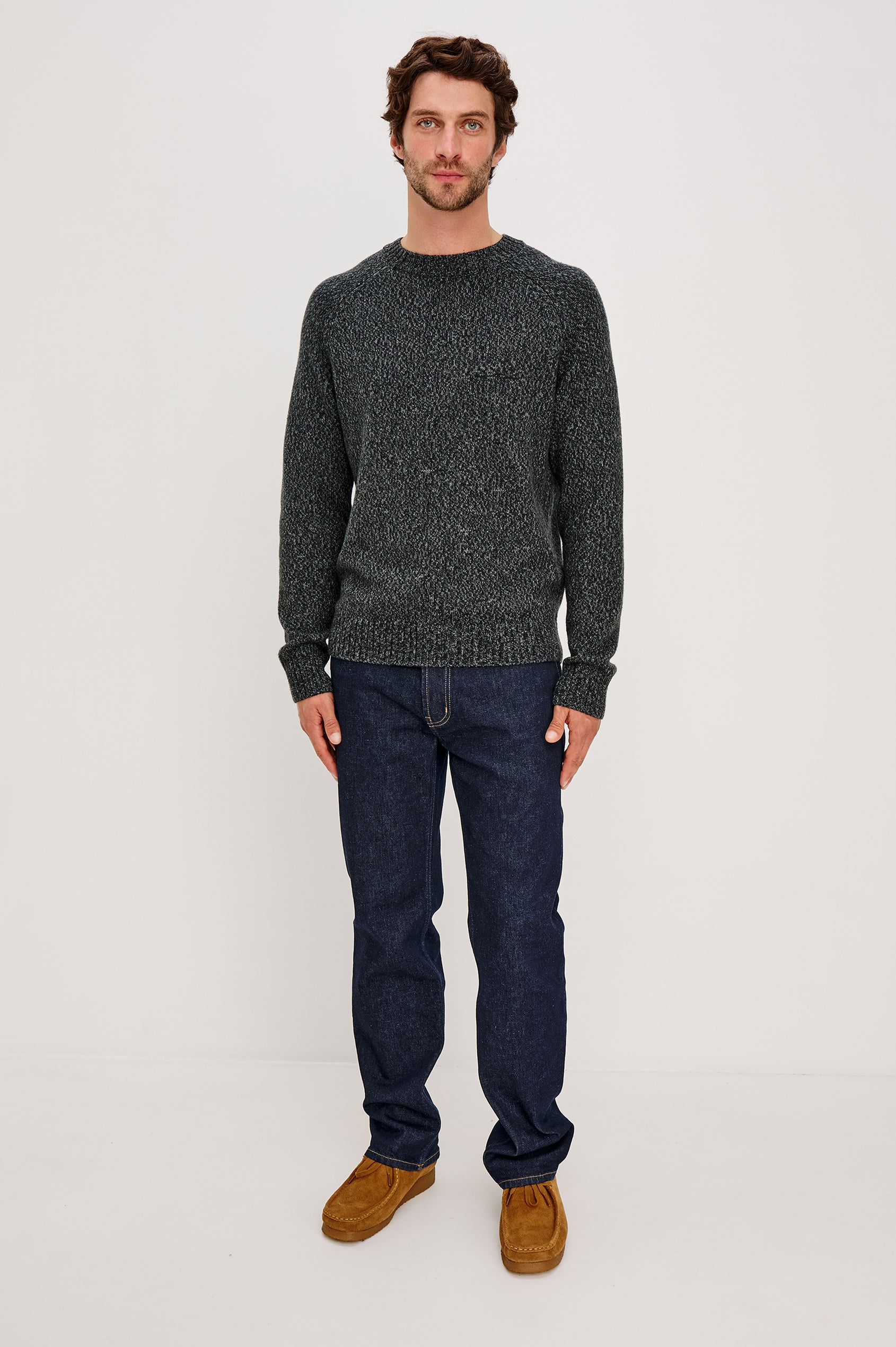 Donovan Long-Sleeve Sweater with a Crew Neck and Ribbed Trim in Graphite Colorway - Front full body View Featured on Model