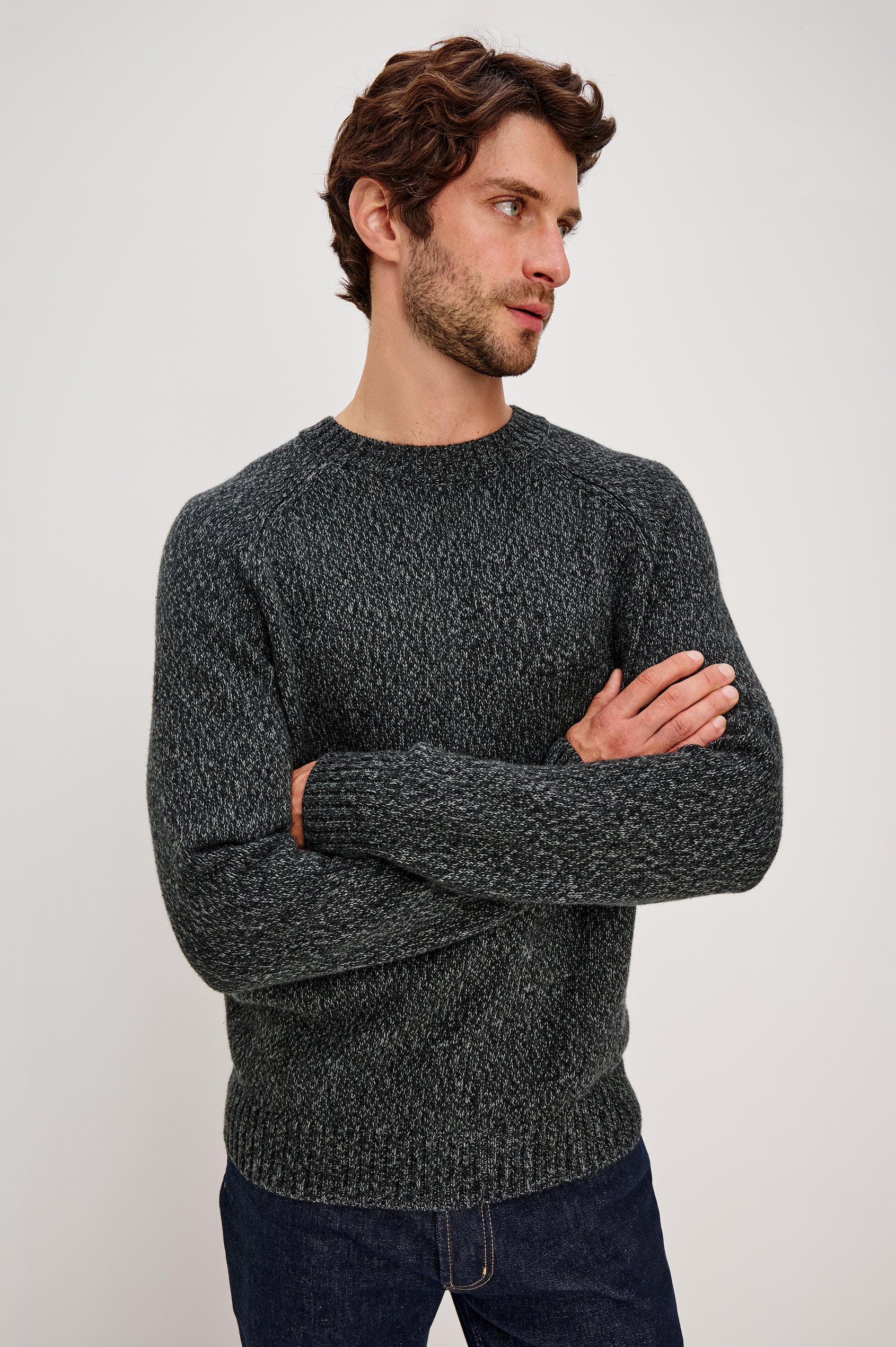 Donovan Long-Sleeve Sweater with a Crew Neck and Ribbed Trim in Graphite Colorway - Front View Featured on Model